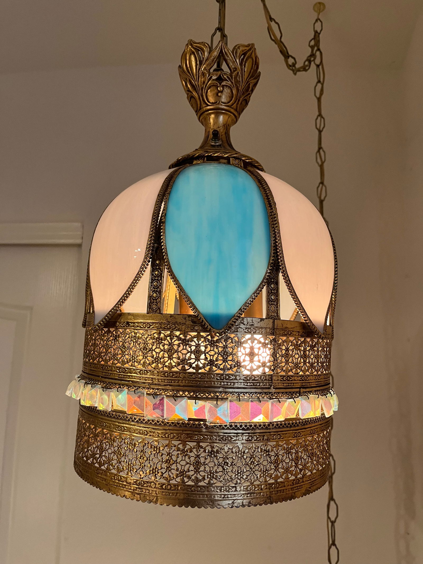 Metal and Stained Glass Light Fixture, Vintage. (1 of 5)