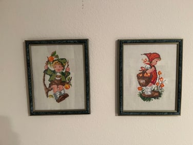 Pair of Hummel themed Embroidered Art, 2 pieces.