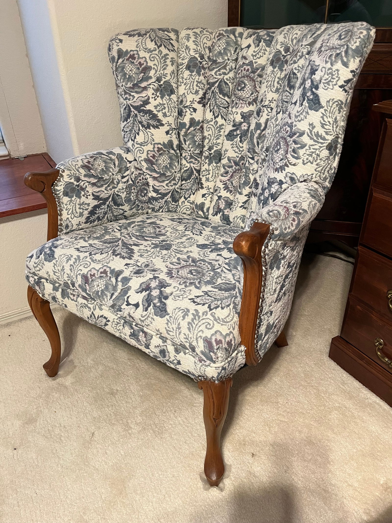 Vintage Fabric & Wood Wingback Chair.: Good condition, light wear on fabric and feet. 17” seat height.