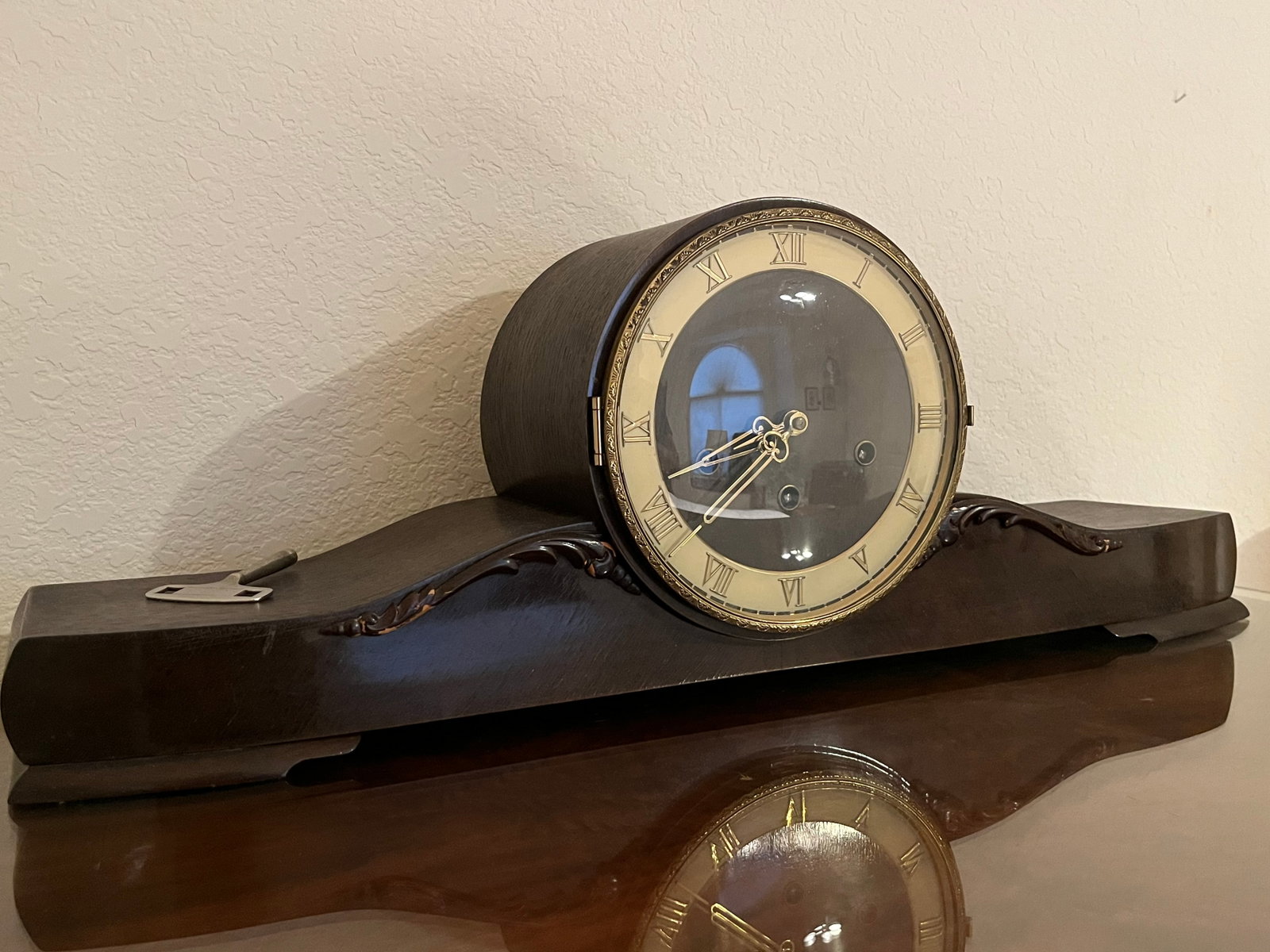 Antique Wood Clock.: Marked, faded company name. Comes with key. Currently non running.