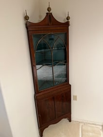Glass, Metal, & Wood Corner Display Cabinet.