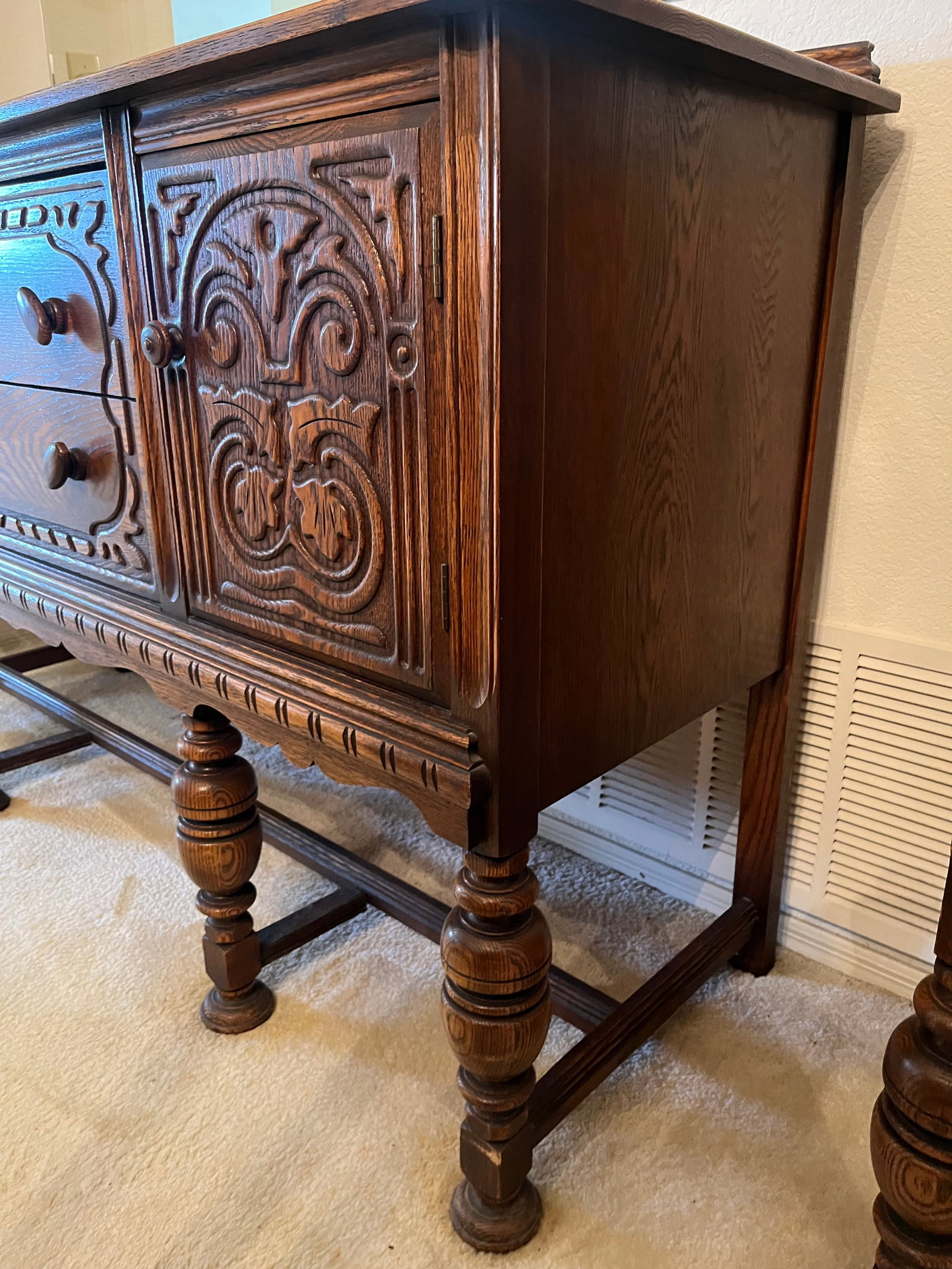 Antique Wood Buffet, Hand Carved: Good Condition, Dove Tailed.