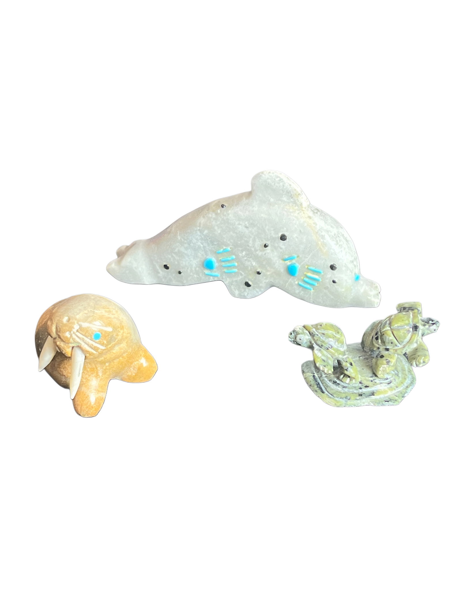 Dolphin, Tutle, & Walrus Zuni Fetish Lot: 3pcs made from Picasso Marble & Soapstone. Walrus Signed CE. Others unsigned. Some turquoise inlay. No damages