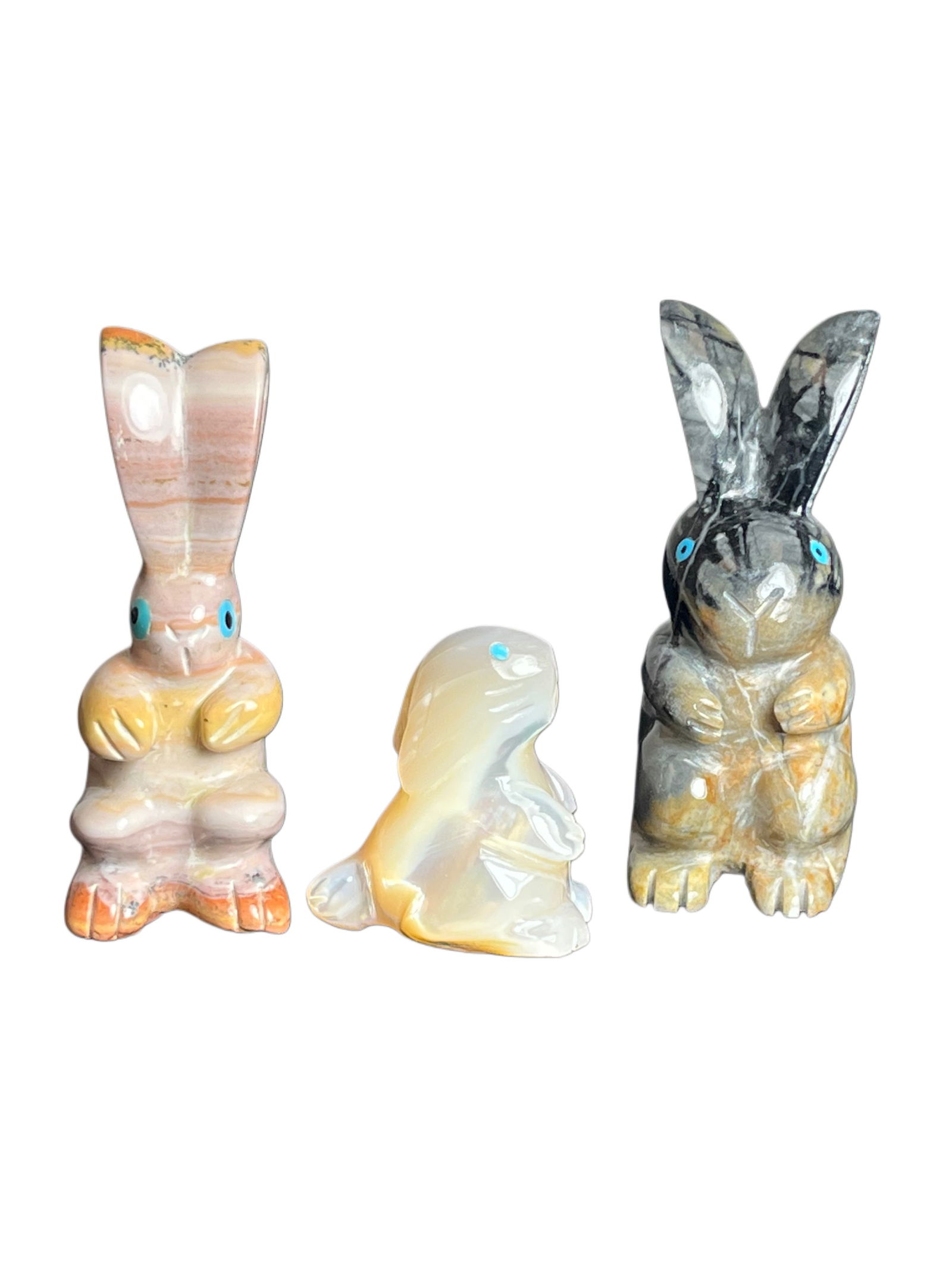 Zuni Bunny Fetish Lot: Good condition. No damages. 2 Signed DB (Danny Booqua). MOP, Travertine, & Picasso Marble. 1 unsigned.