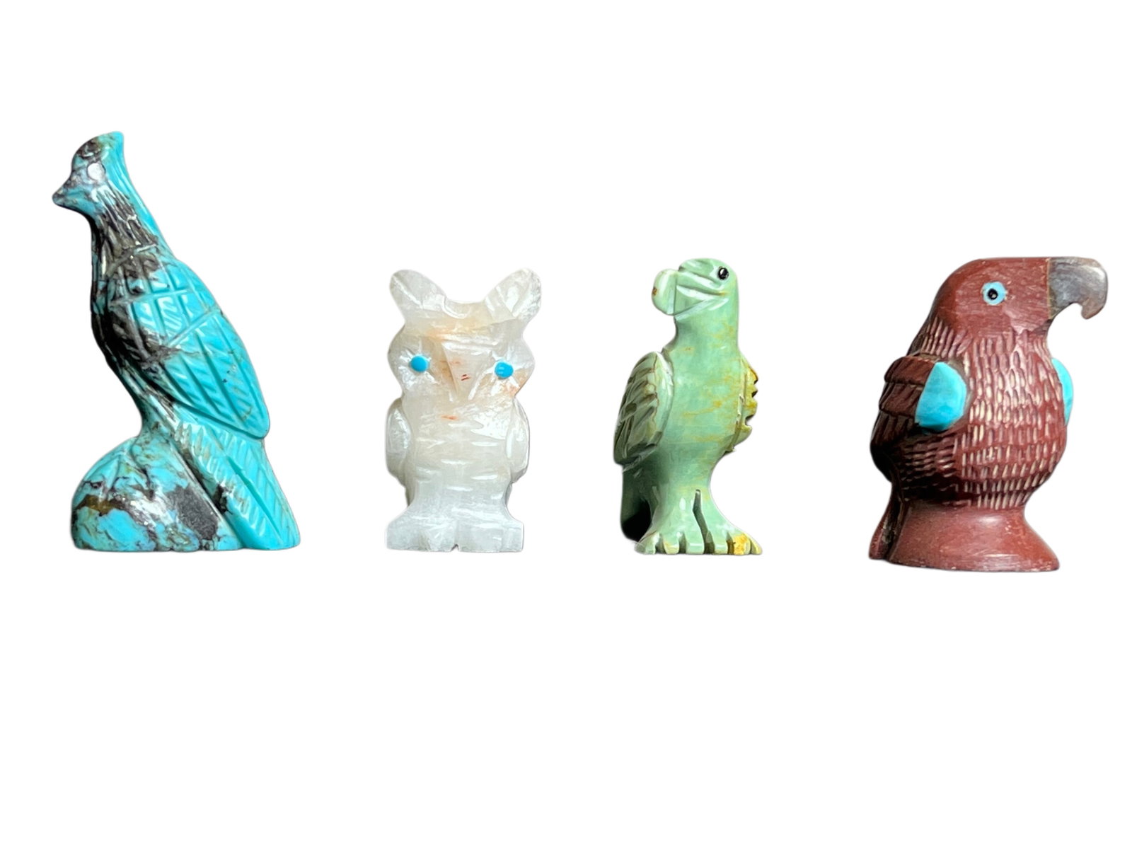 Eagle & Owl Zuni Fetish Lot: Good condition. Pipestone Eagle with turquoise inlay by EB (Edison Bobelu). Turquoise Eagle by Hiram Peynetsa(signed). Eagle & Alabaster owl by FT (Fabian Tsethlikai)