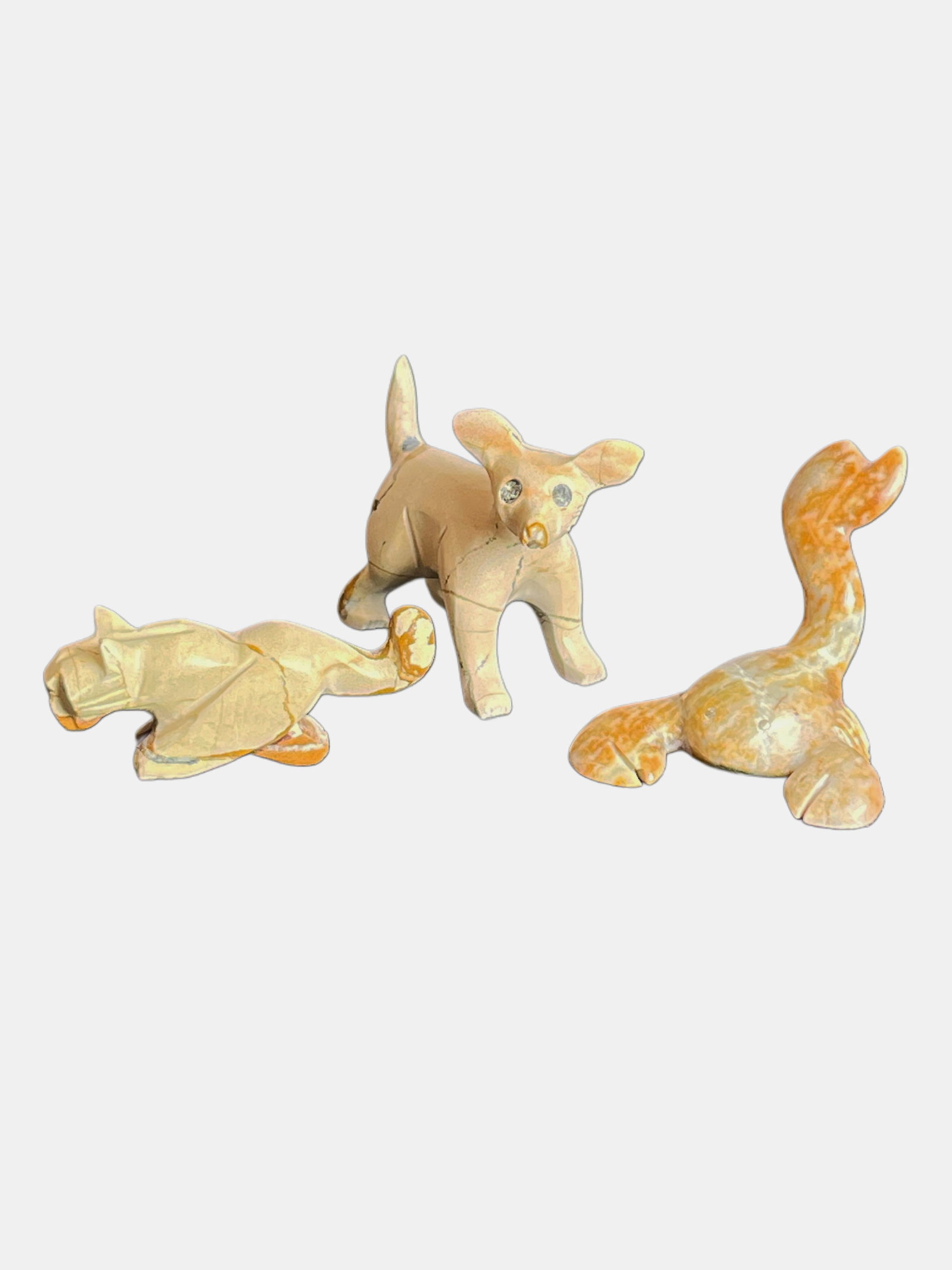 Scorpion, Fox, & Lion Zuni Fetish Lot: 3pcs. Kenny Chavez Picasso Marble Scorpion with silver inlay eyes. Signed BE. Picasso marble fox, signed WE.Picasso Marble Mountain Lion, Turquoise inlay eyes. Good condition. No damages.