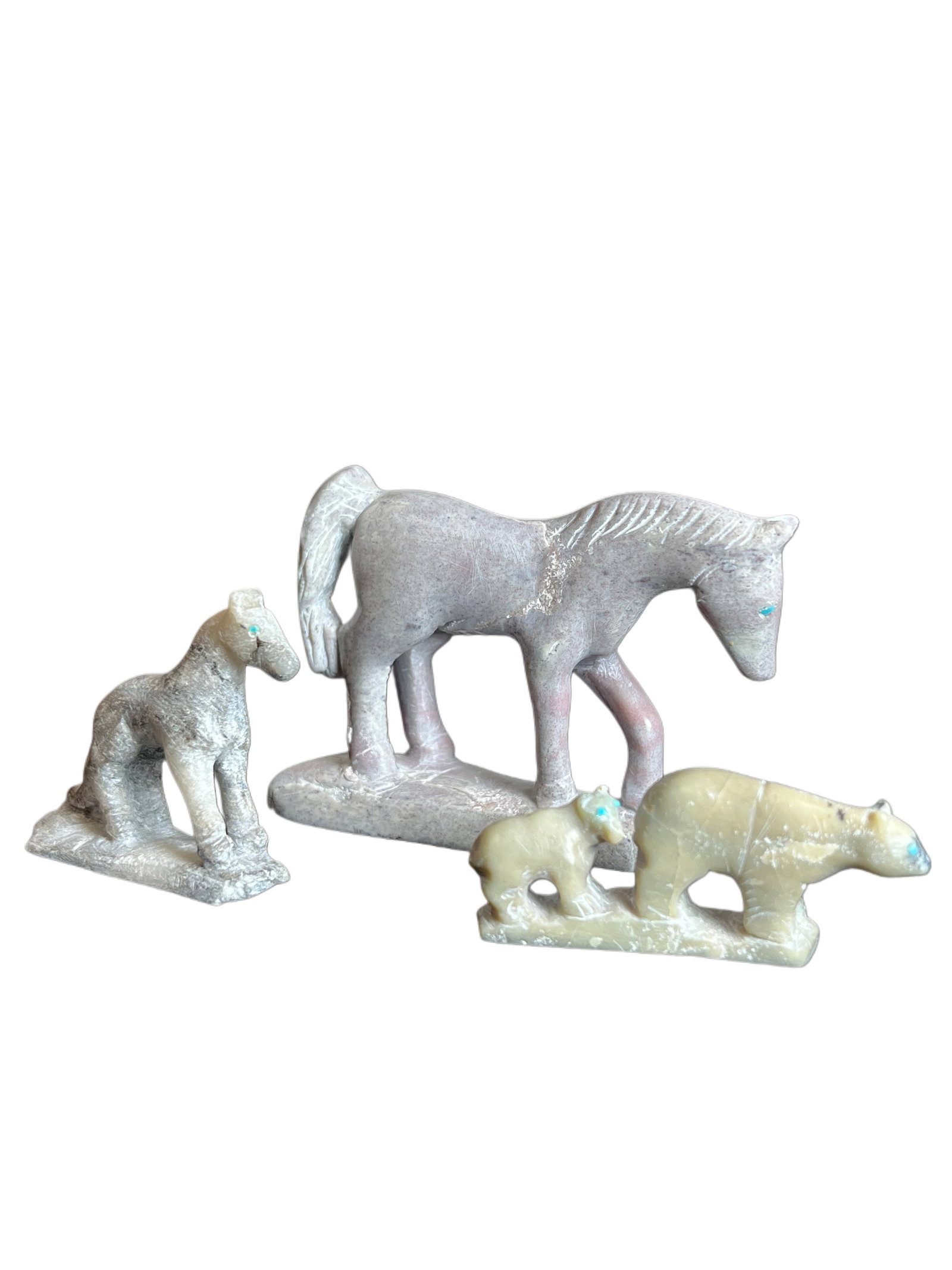 Hubert Pincion Zuni Soapstone Fetish Lot: 3 pcs. All have turquoise inlaid eyes. All signed HP. Small horse has rough areas around tail and chipped area on itsbase. No other damages.