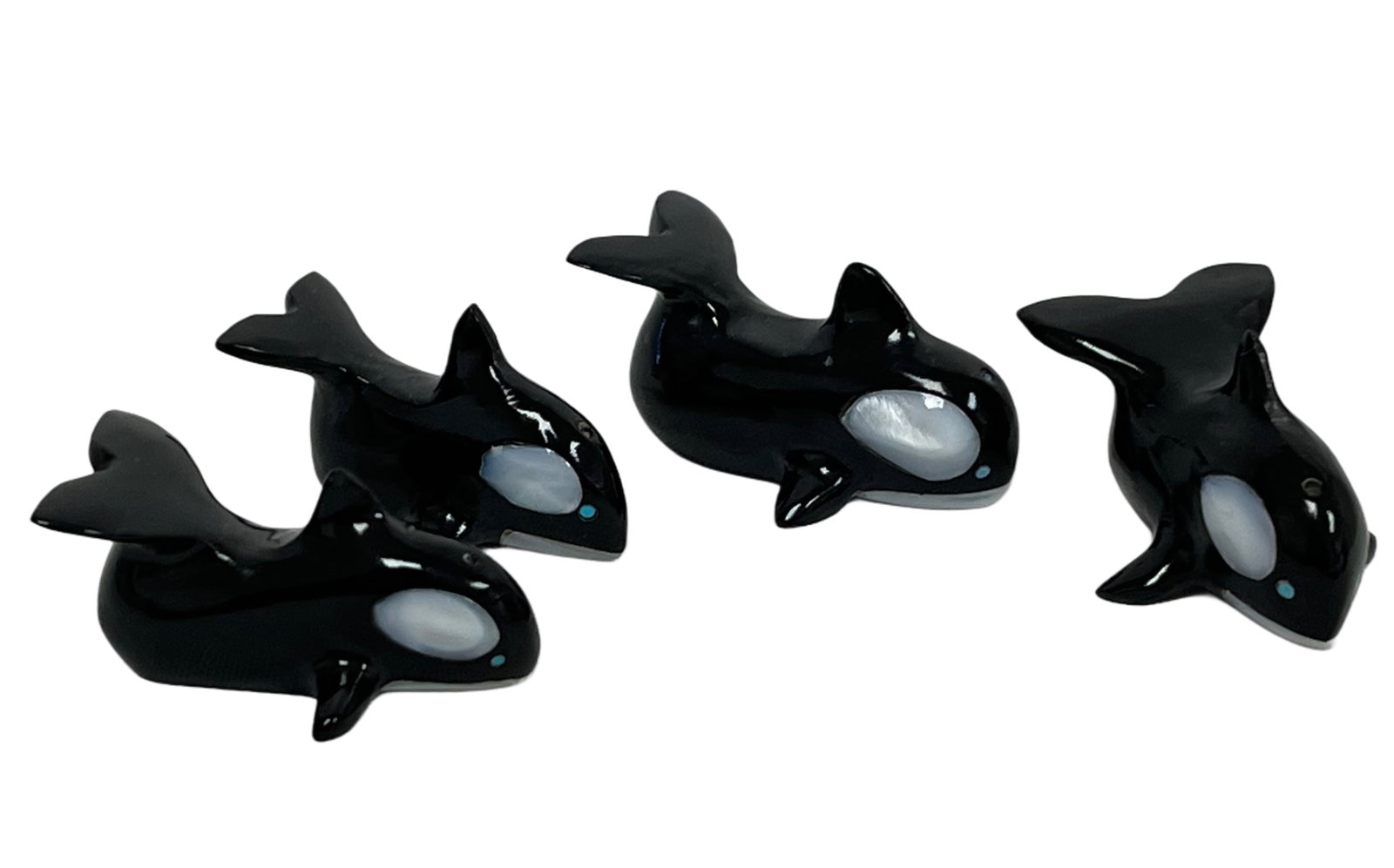 Calvart Bowannie Zuni Orca Fetish Lot: 4pcs. Mae from black marble with MOP inlay. Turquoise inlaid eyes. No damages.