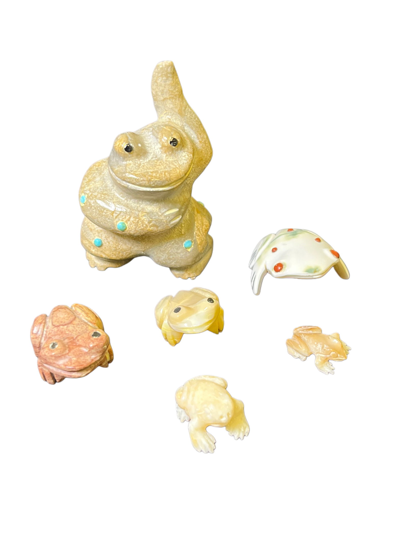 Set of Frog Zuni Fetishes: Two Largest pieces marked. Good Condition. Largest: 2" tall, 1.5" wide, 1" deep