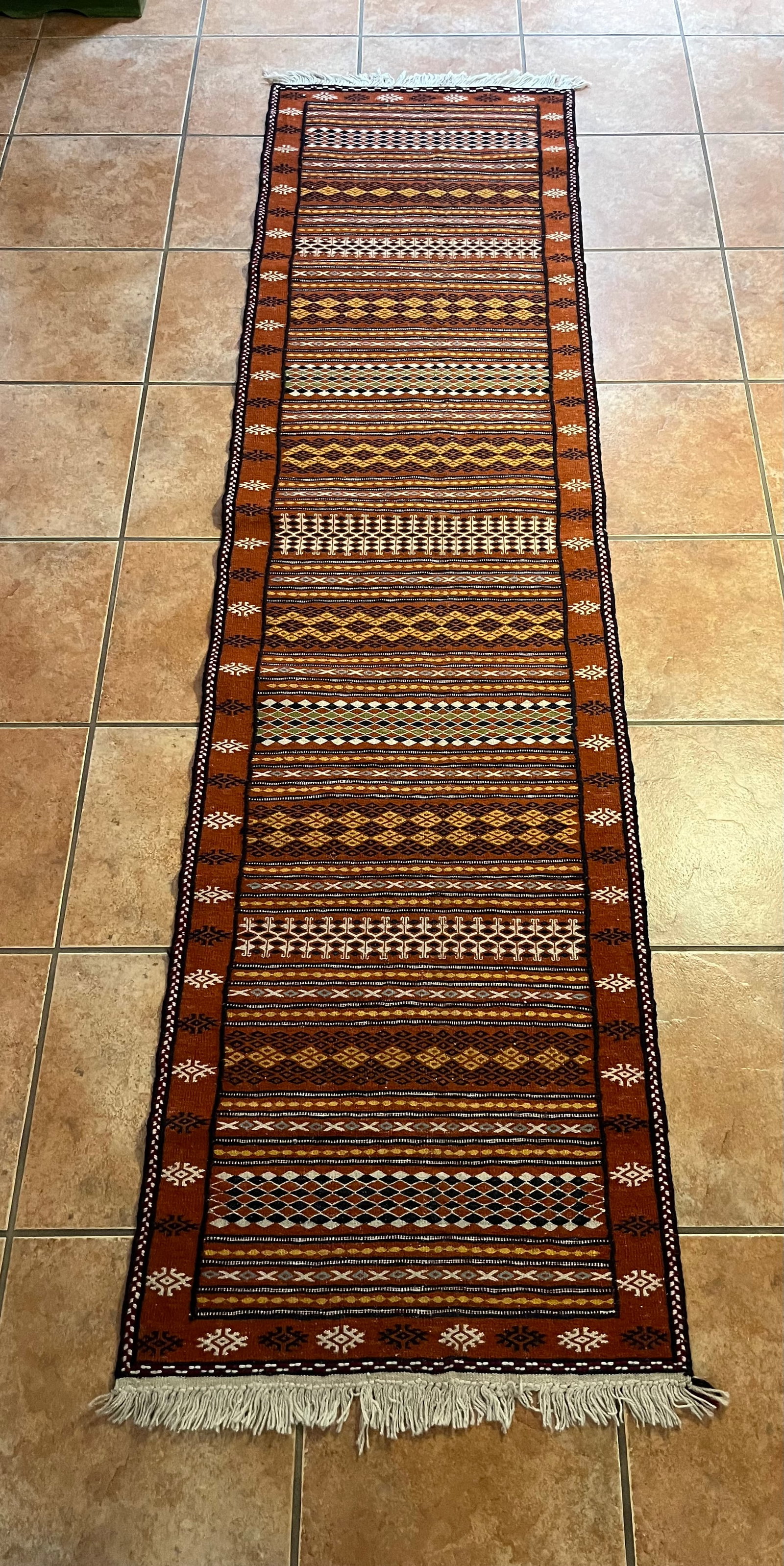 Southeast Sumak Runner, Vintage: Handwoven, Vintage (Possibly Antique), Good condition for age, 112" x 29", very small amount of fraying