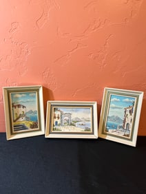 Italian Lake Mountain Scene Paintings, Set of Three