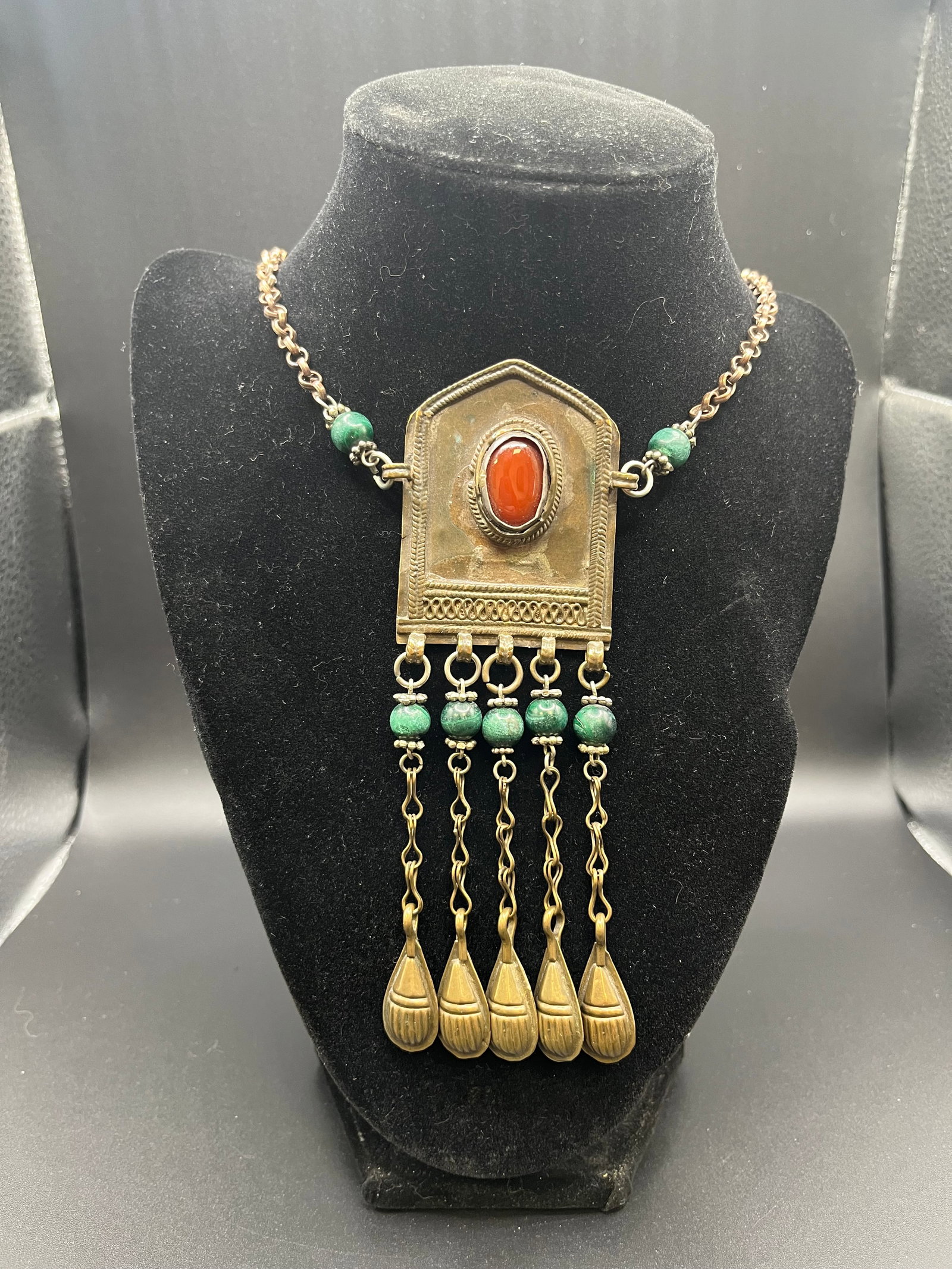 Turkish Pendant w/ Chain, Vintage: Possibly Antique, Used (Pendant has Bend). No markings, 10.5" chain, Pendant: 1.75" x 2.25. Possibly Brass