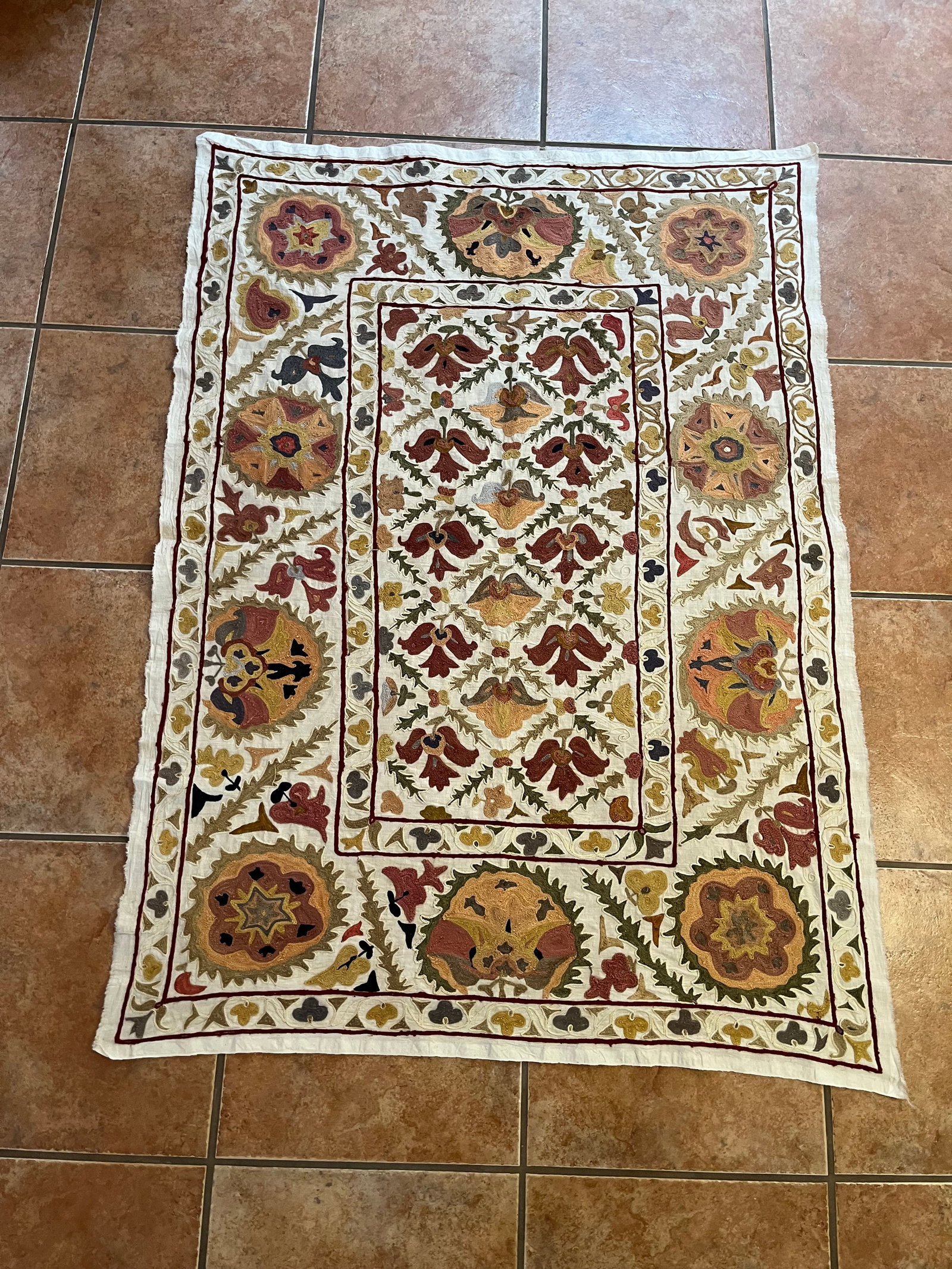 Suzani Woven Embroidred Fabric: Vintage, Good condition, Embroidered, 58" x 43",