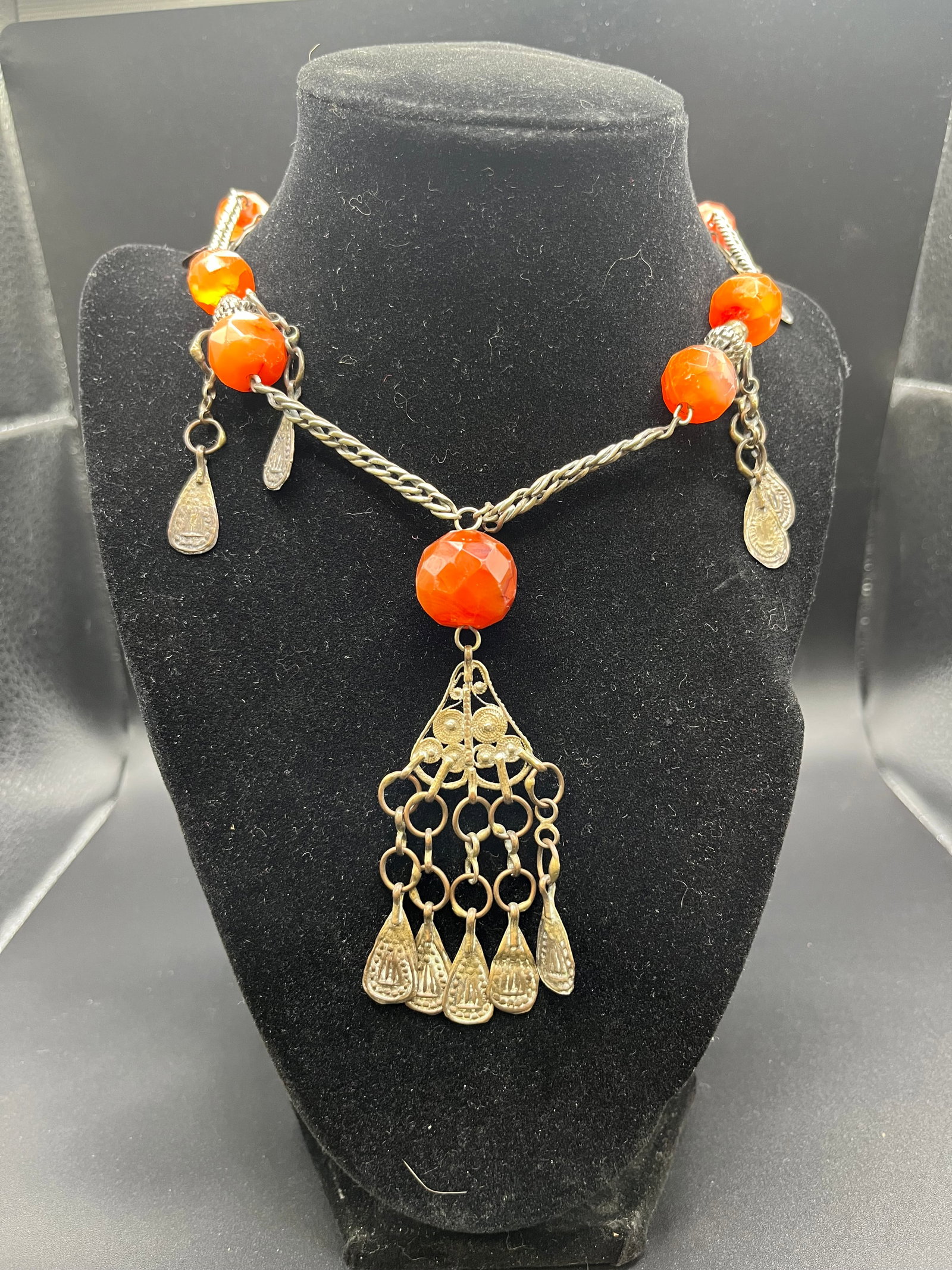 Vintage Turkish Beaded & Metal Necklace: Possibly Silver and Antique. Used, see all phtotos. 13". Faceted Beads.