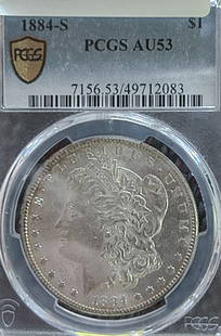1884-S Morgan Silver Dollar AU53: This 1884-S Morgan Dollar has been certified as AU-53 by PCGS, one of the leading coin grading services. Named after its designer, George T. Morgan, this iconic silver coin was minted from 1878 to