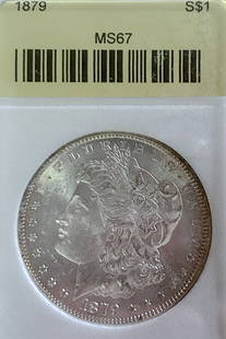 1879 Morgan Silver Dollar MS67: This 1879 Morgan Dollar, minted in Philadelphia, has been certified as MS-67. This highly collectible coin is a great addition to any numismatic collection. George T. Morgan’s design has made the
