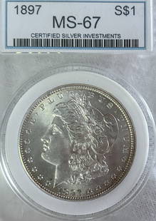 1897 Morgan Silver Dollar MS67: This 1897 Morgan Silver Dollar has been certified as MS-67 and the iconic coin is a must for any collection! The deep discount makes adding this rare jewel to your collection a must!***This 1897