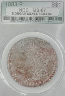 1883-P Morgan Silver Dollar MS67: This 1883-P Morgan Silver Dollar has been certified as MS-67 and the iconic coin is a must for any collection!This coin has a mintage of 12,290,000. There are ONLY 184 coins graded at this level,