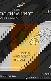 50 Gram Perth Mint Gold Bar - in Assay: The 50 Gram Perth Mint Gold Bar is a highly regarded product from Australia's oldest operating mint, known for its exceptional craftsmanship and intrinsic value. Perth Mint Gold Bar - 50 Grams, .9999