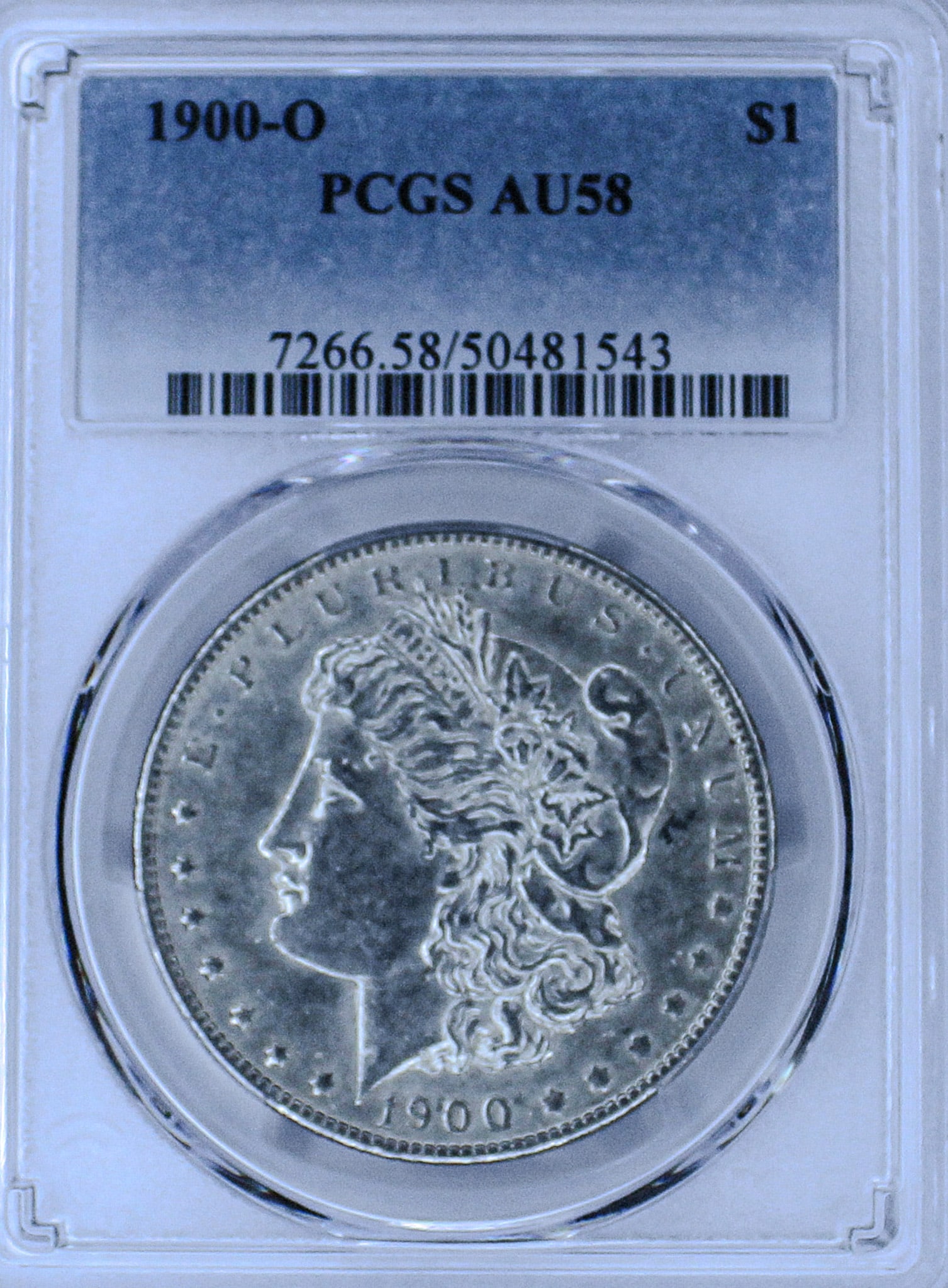 1900-O Morgan Silver Dollar AU58: The 1900-O Morgan Silver Dollar is a stunning piece of American history and was professionally graded by PCGS, Professional Coin Grading Service, as AU58.