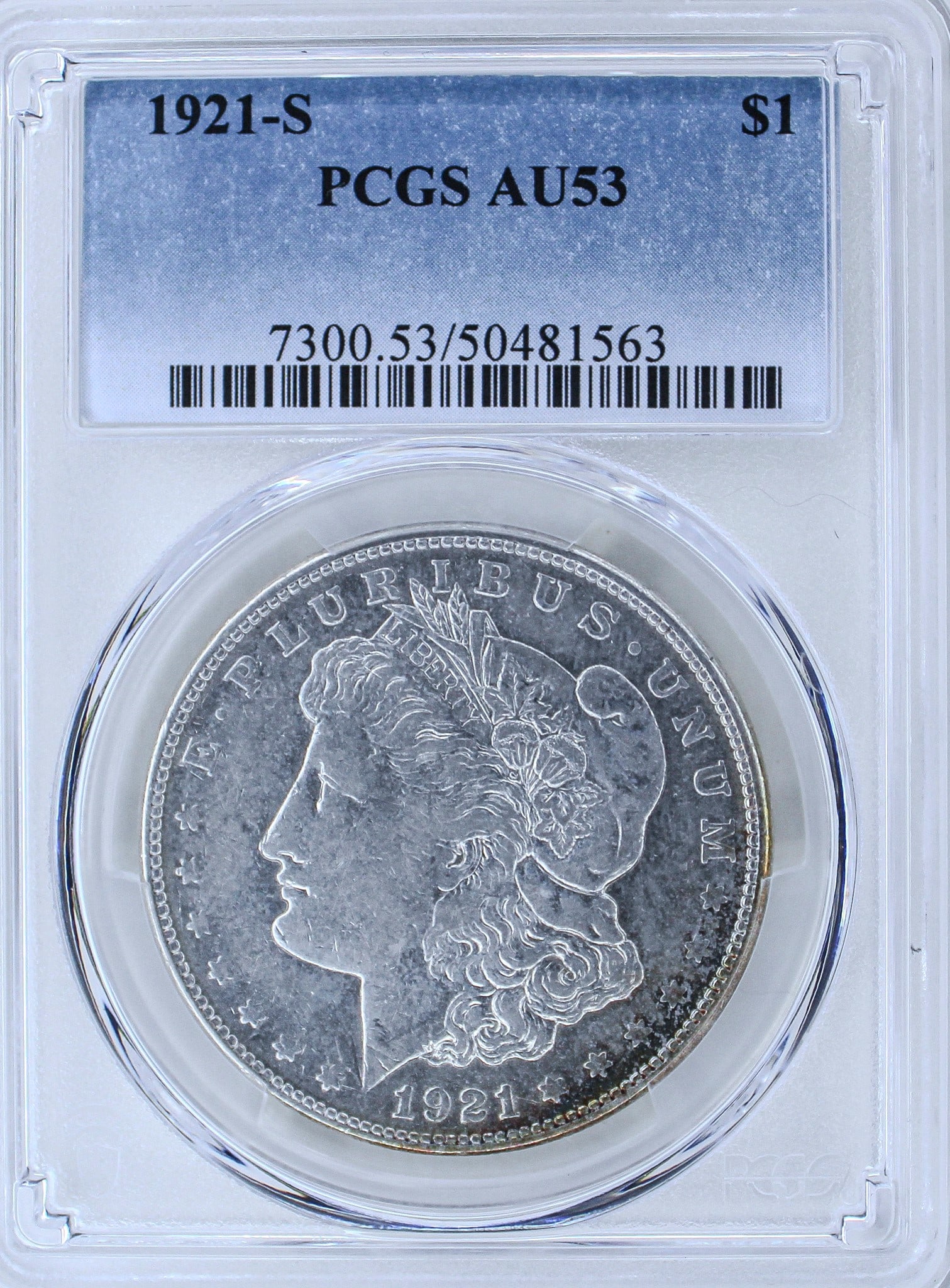 1921-S Morgan Silver Dollar AU53: The 1921-S Morgan Silver Dollar is a stunning piece of American history and was professionally graded by PCGS, Professional Coin Grading Service, as AU53. This c