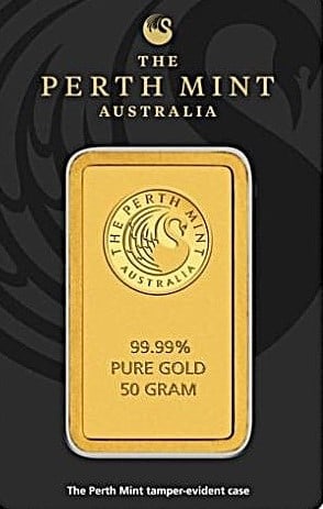Perth Mint 50 Gram Gold Bar: Perth Mint 50 Gram Gold Bar - 24K .9999 Fine GoldThe Perth Mint Gold Bar stands as a hallmark of quality and craftsmanship, making it a premier choice for both investors and collectors.This 1 troy oun
