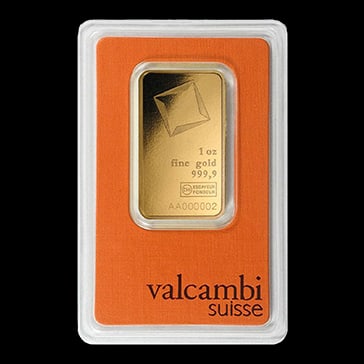 1 oz Gold Valcambi Suisse Bar: 1 oz Gold Valcambi Suisse Bar Made by a globally recognized producer, this 1 oz Gold Valcambi Suisse Bar is the ideal way to add smaller amounts of physical gold to your portfolio at the best premium.
