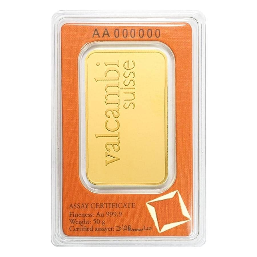 Valcambi 50 Gram Gold Bar: Key item featuresPrecious Metal: Contains 50 grams (1.608 oz) of .9999 fine Gold.Certified Authenticity: Individual bars are presented in protective plastic with an assay card that lists the weight an