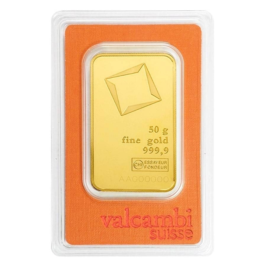 Valcambi 50 Gram Gold Bar: Key item featuresPrecious Metal: Contains 50 grams (1.608 oz) of .9999 fine Gold.Certified Authenticity: Individual bars are presented in protective plastic with an assay card that lists the weight an
