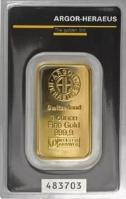1 oz Gold Argor Heraeus Bar: This stunning 1 oz Gold Argor Heraeus Bar is not just an ideal starting point for gold investments; it also provides an exceptional way to enhance and expand your collection of physical gold. Manufact