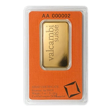 1 oz Gold Valcambi Suisse Bar: 1 oz Gold Valcambi Suisse Bar Made by a globally recognized producer, this 1 oz Gold Valcambi Suisse Bar is the ideal way to add smaller amounts of physical gold to your portfolio at the best premium.