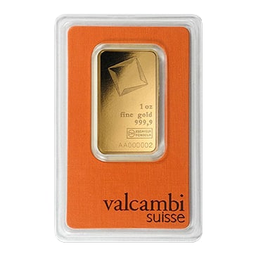 1 oz Gold Valcambi Suisse Bar: 1 oz Gold Valcambi Suisse Bar Made by a globally recognized producer, this 1 oz Gold Valcambi Suisse Bar is the ideal way to add smaller amounts of physical gold to your portfolio at the best premium.