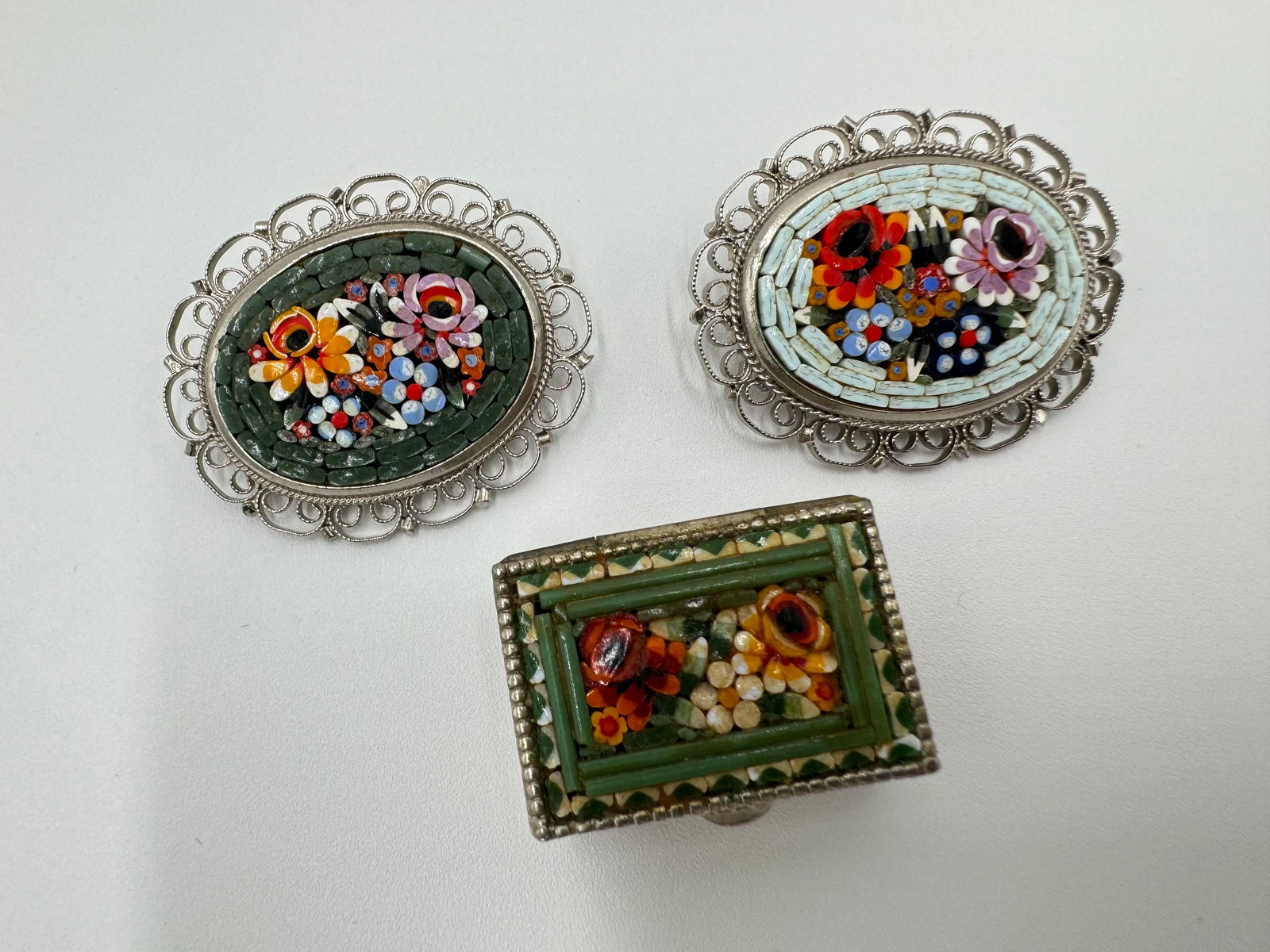 Vintage micromosaic brooches and small pill box (1 of 6)