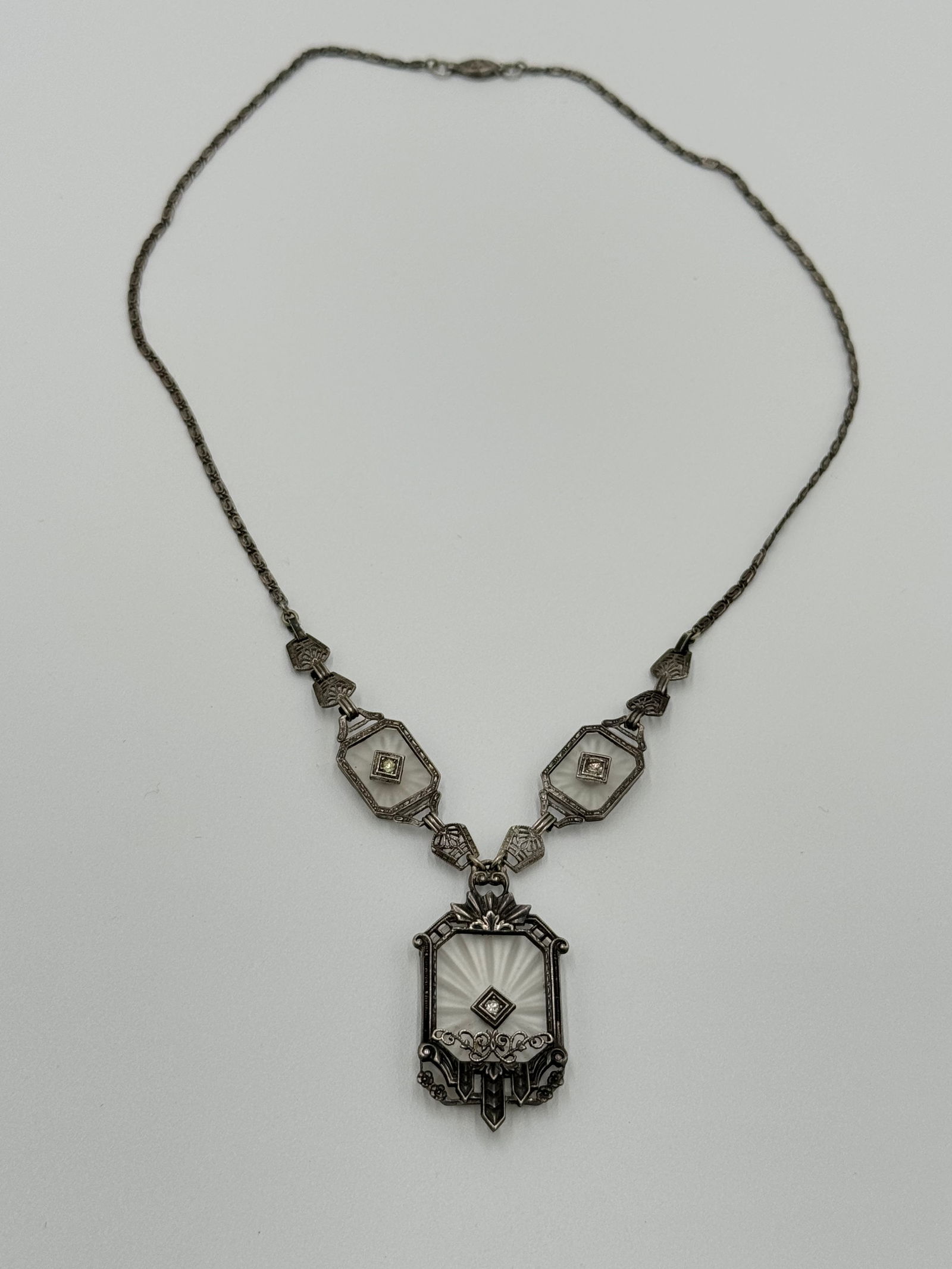 Antique art deco sterling silver camphor glass necklace 16'long (1 of 6)