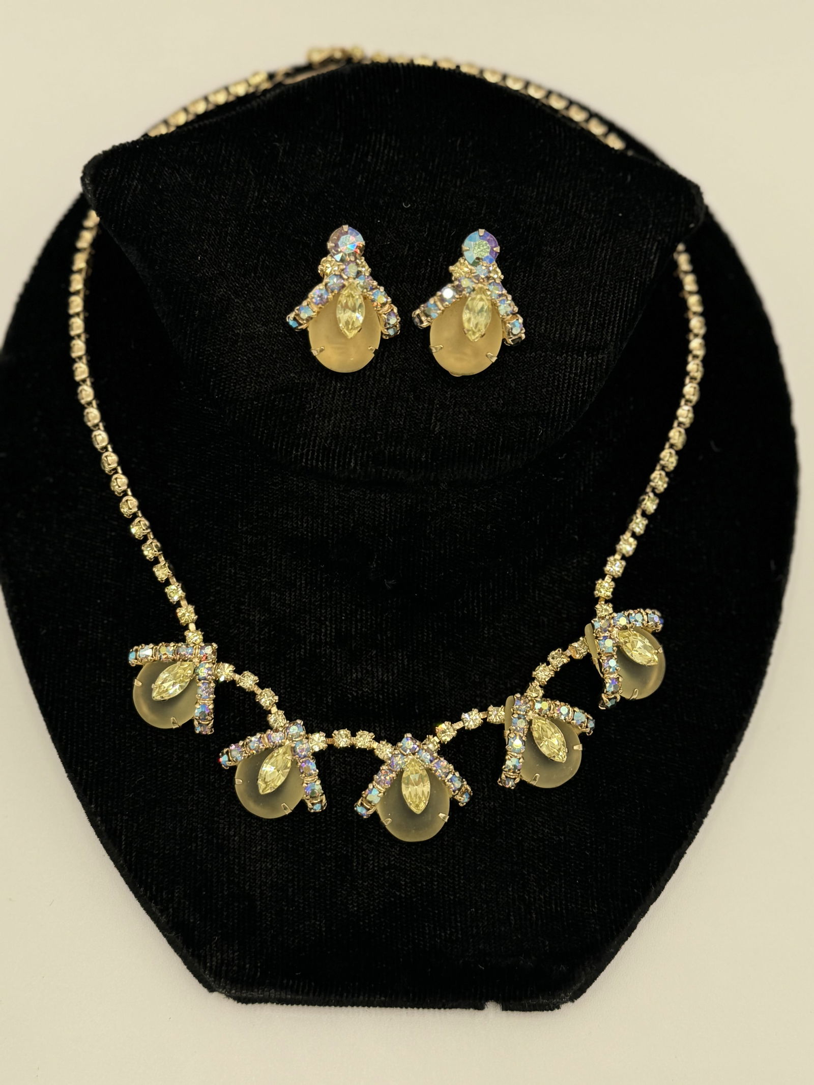 Gorgeous mid century frosted glass, ab crystals vintage necklace and earrings set: Gorgeous mid century frosted glass, ab crystals vintage necklace and earrings set. Both in good vintage condition with no stones missing. See pictures for more details as they are the best description