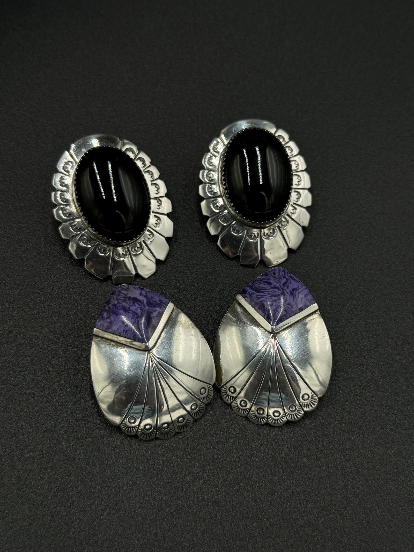 Two pairs of native sterling silver earrings  charoite stone and onyx (1 of 5)
