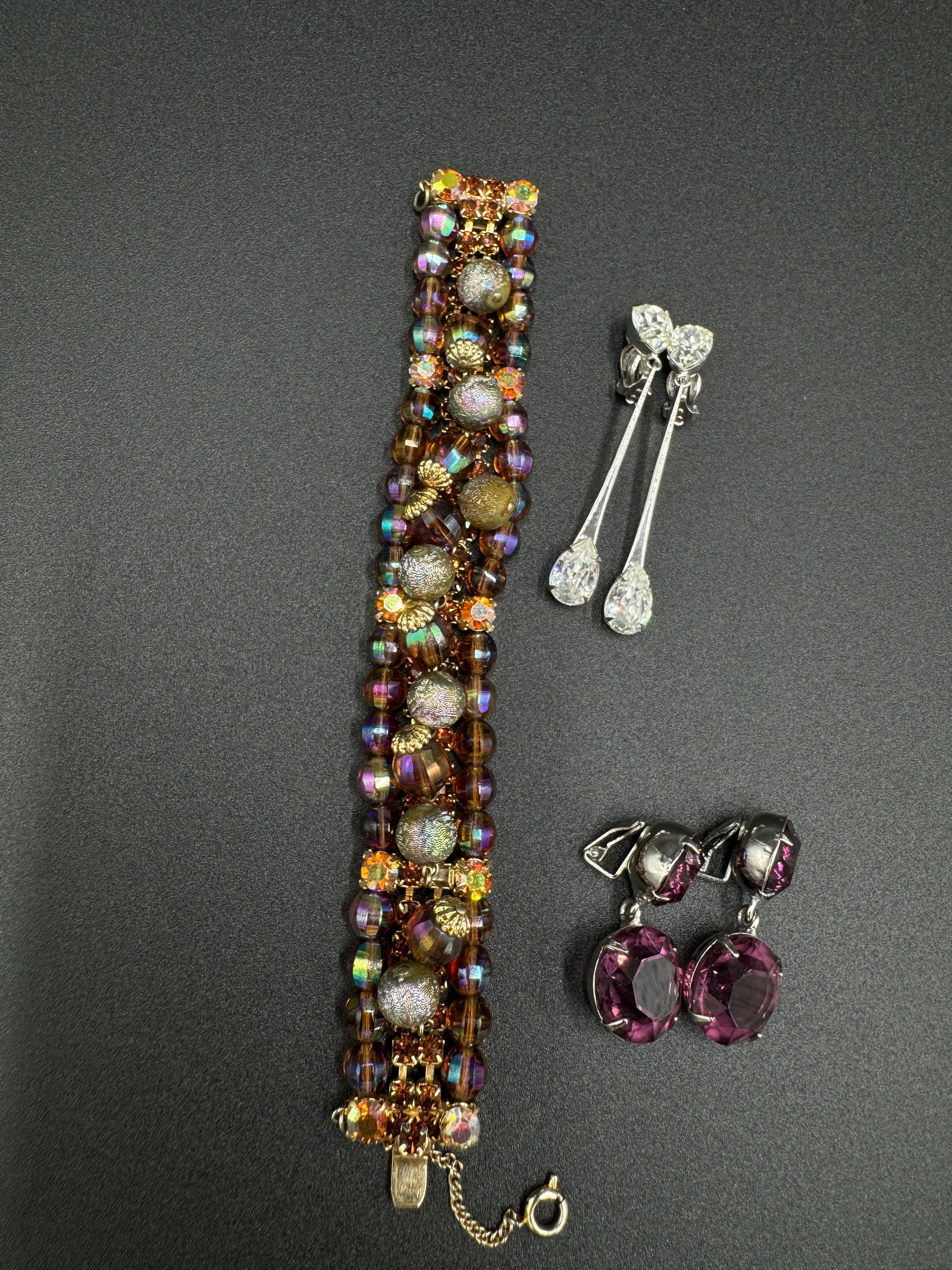 Gorgeous rhinestone bracelet , signed Lewis Segal dangling earrings and purple rhinestones earrings (1 of 8)