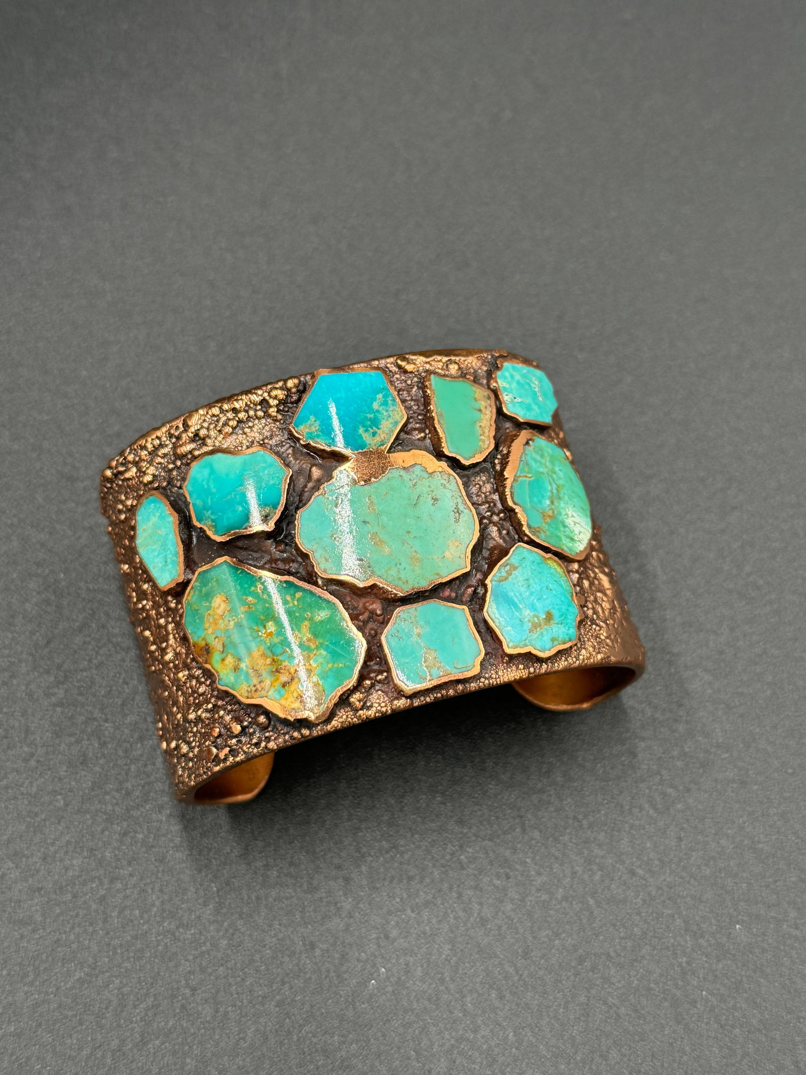 Solid Copper Vintage Bell Trading Post Turquoise Chunk Cuff Bracelet (1 of 6)