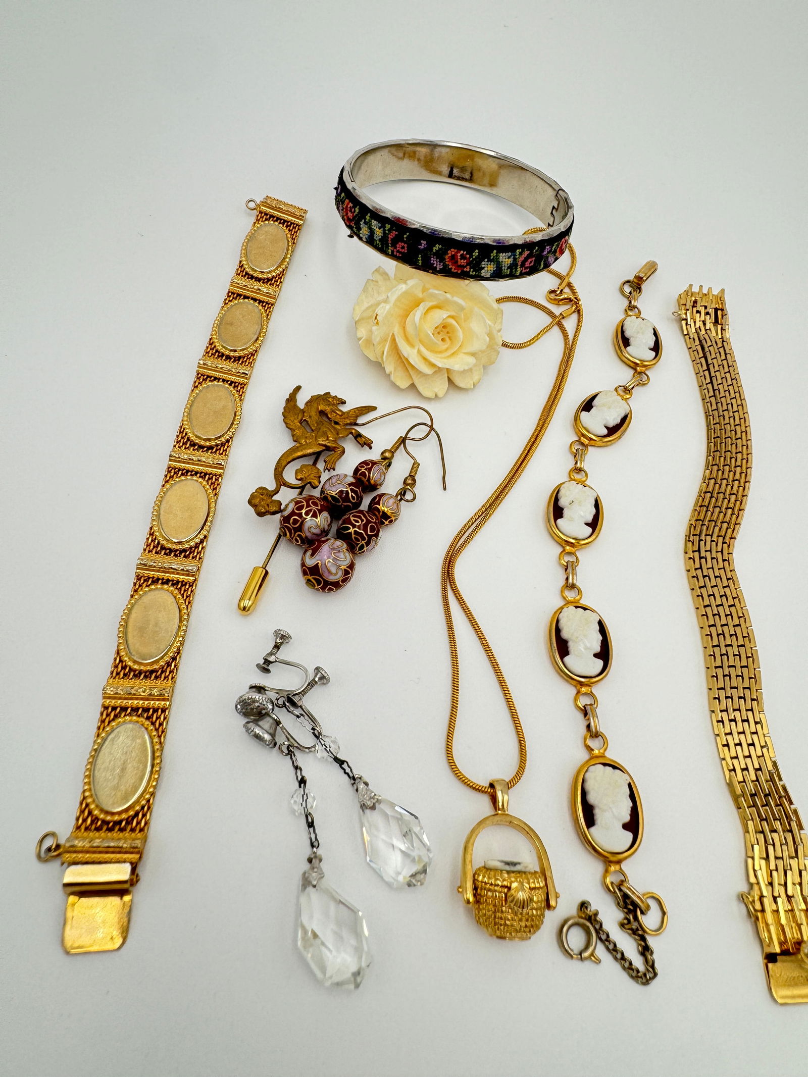 Vintage jewelry some signed Hobe, cameo bracelet, crystal earrings (1 of 8)
