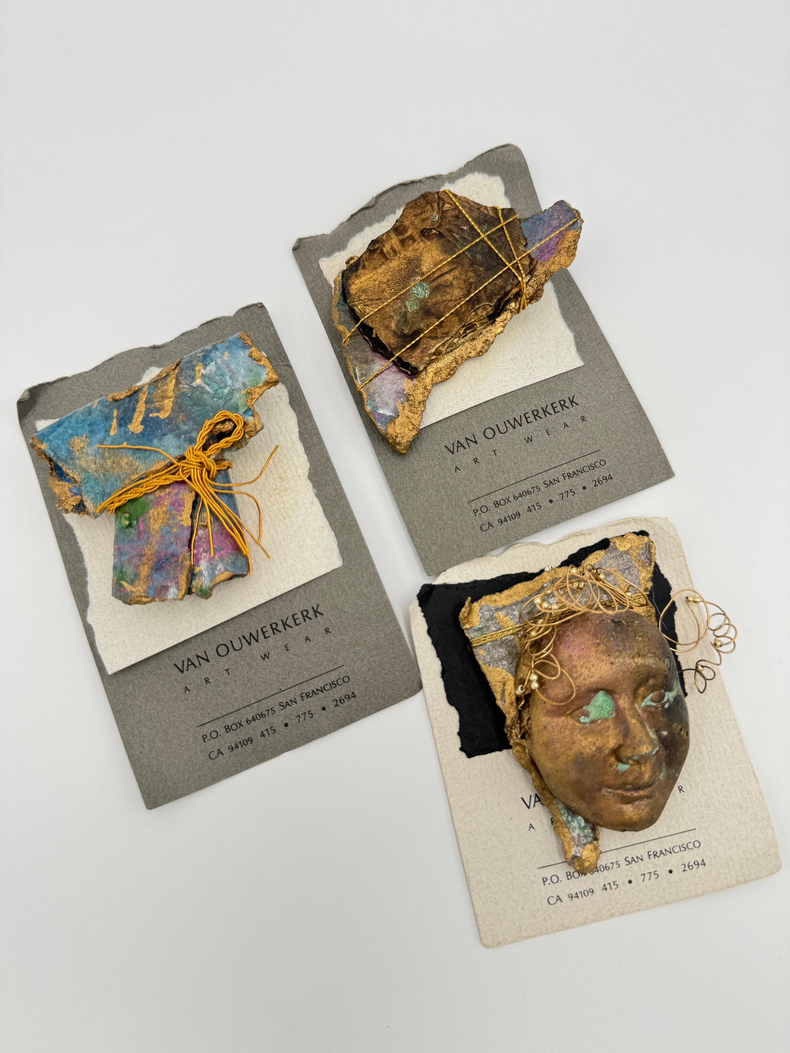 VAN OUWERKERK art wear larger brooches hand made: Unusual set of three VAN OUWERKERK art wear larger brooches hand made . Super cool and unusual. Measuring approximately 2.5-3” long. One is damaged ( see pictures) rest good. See pictures for mo