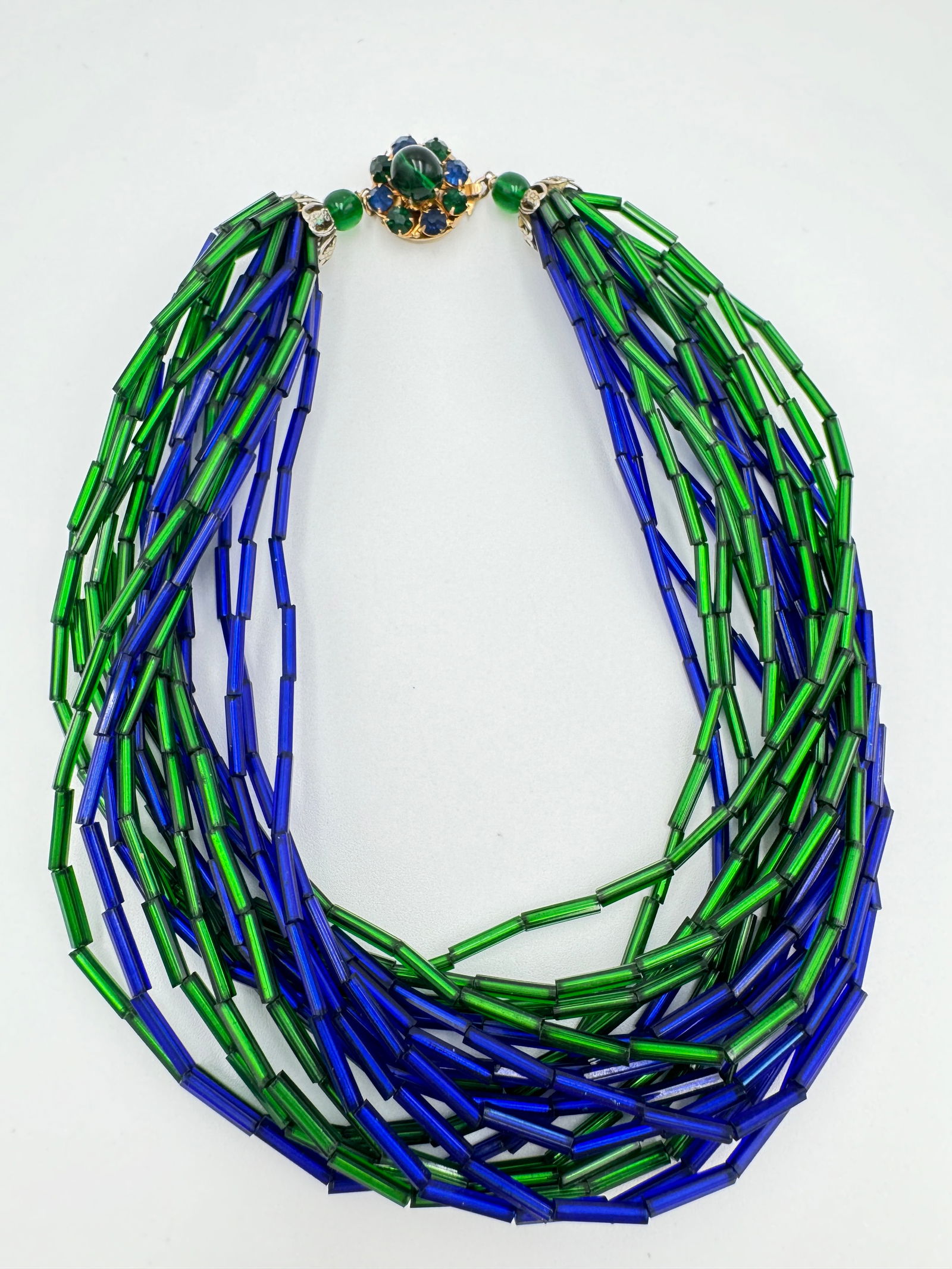 Vintage statement necklace blue and green beads with flower clasp (1 of 6)