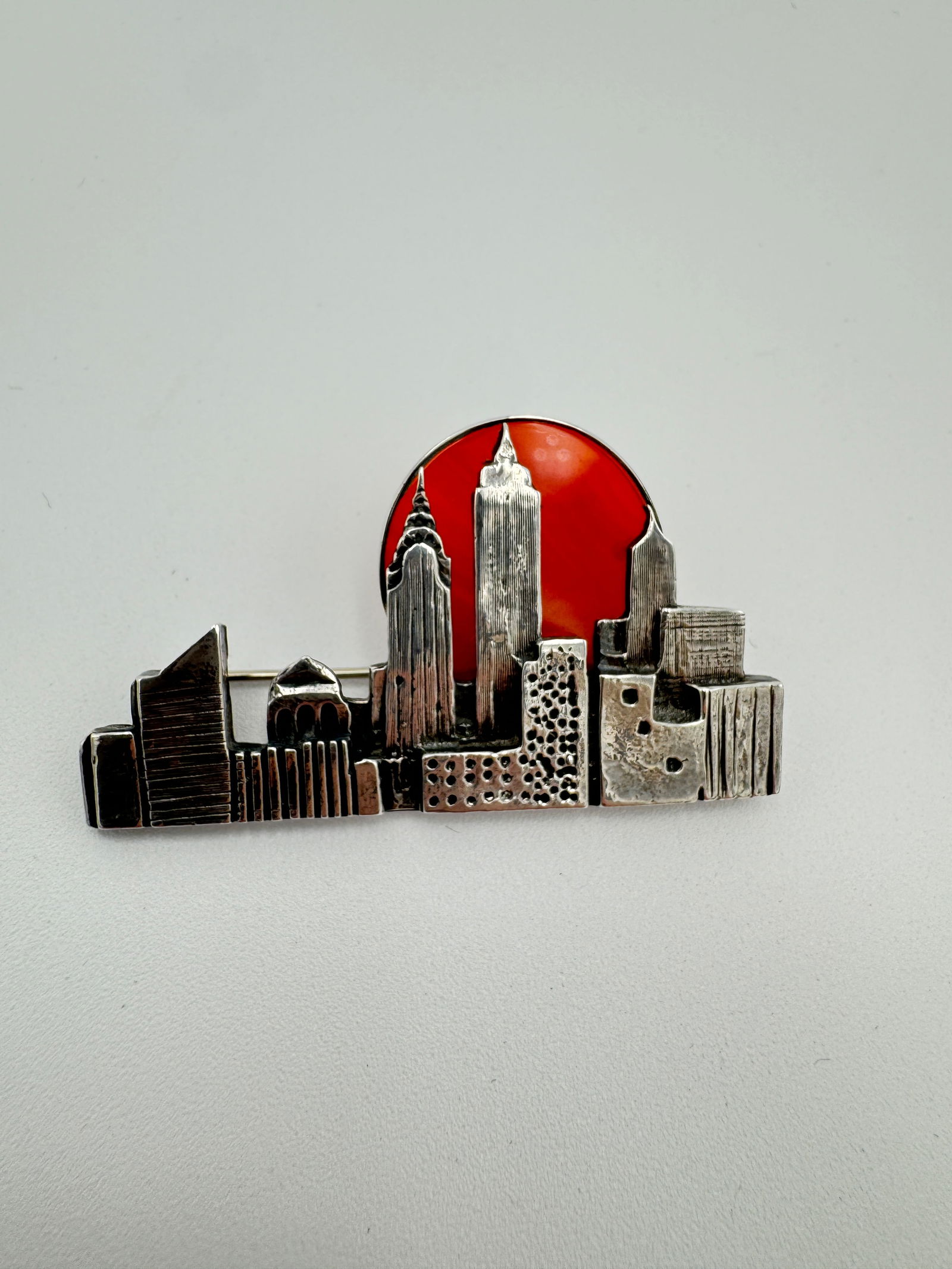 Vtg Great Fall Metal Works Sterling Silver Carnelian NYC Skyline Pin Brooch GFMW (1 of 6)
