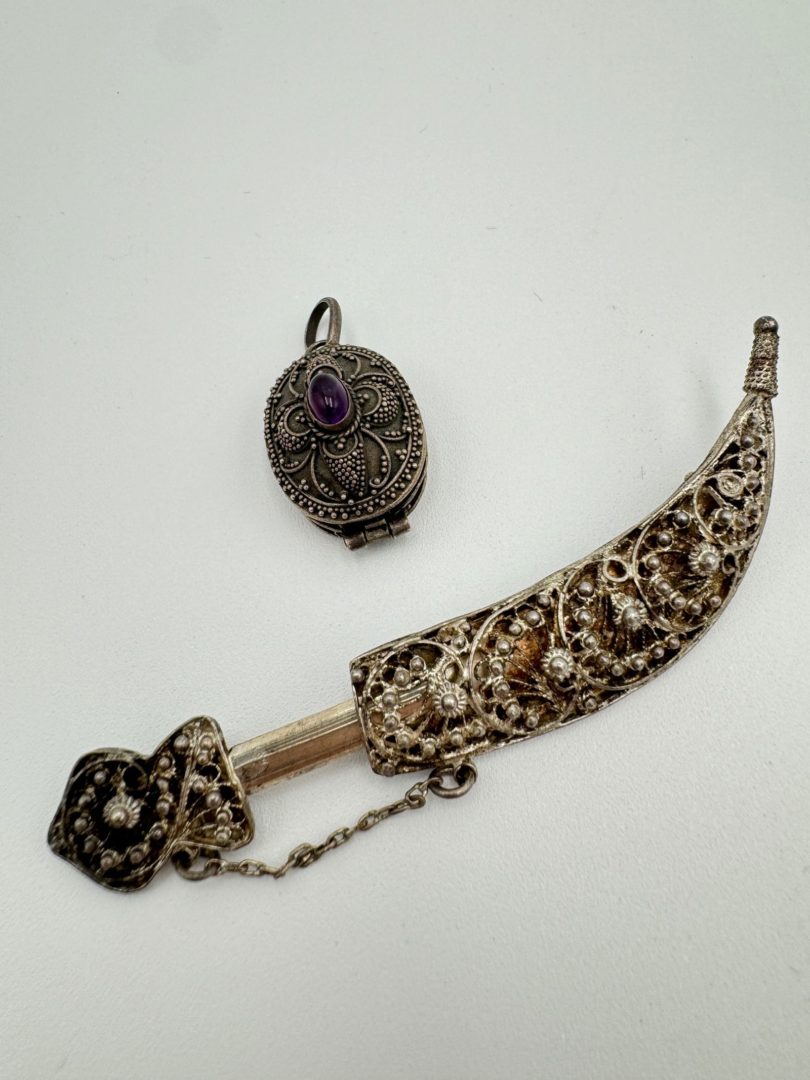 Sterling silver filigree saber sword in sheath brooch and vintage locket pendant (1 of 4)