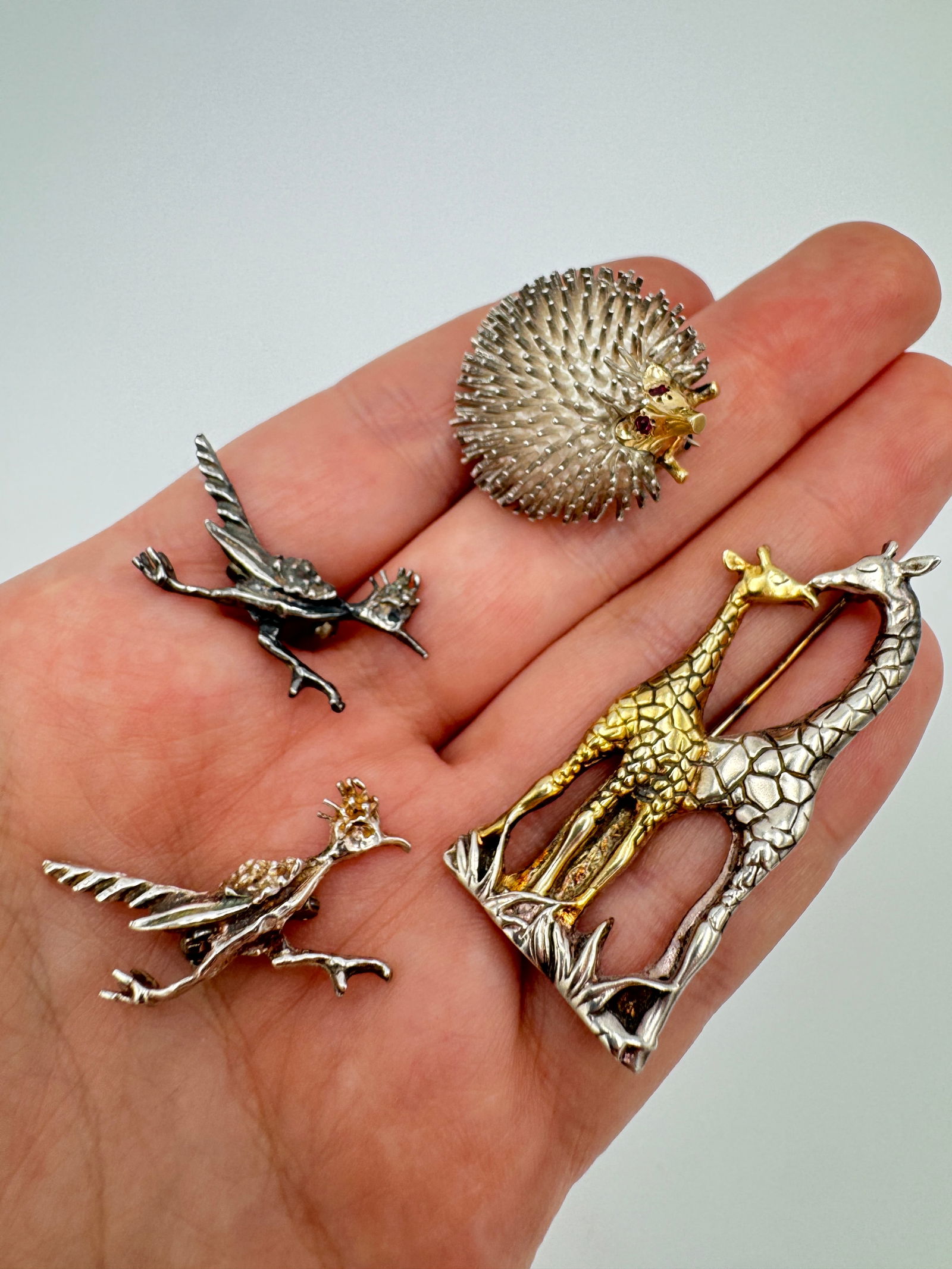 Unique Solid 14K Yellow Gold & Sterling Silver, Ruby Eyed Hedgehog Animal Brooch, birds and giraffes (1 of 5)