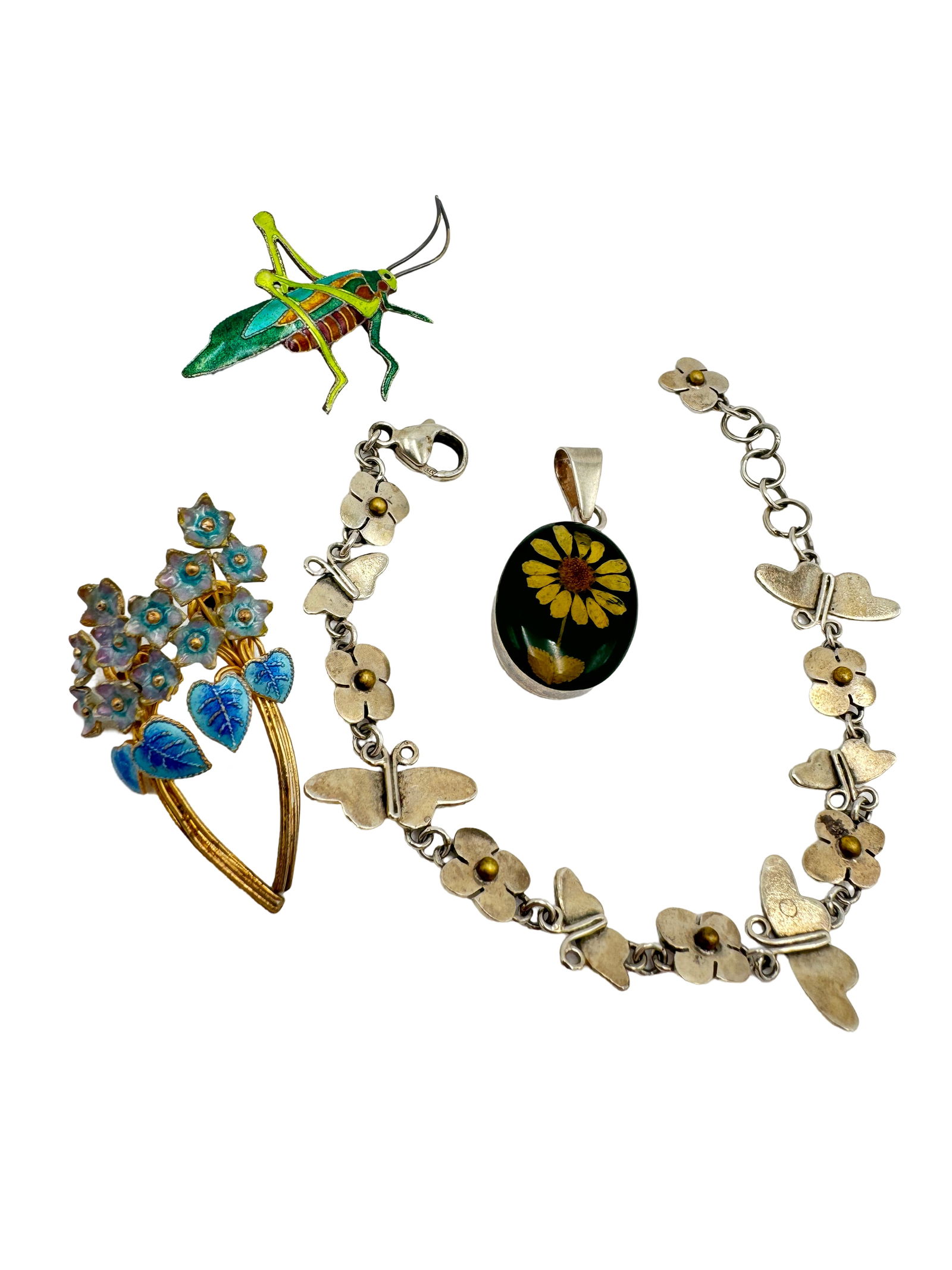 Vintage sterling enamel earrings and brooch , and butterfly and flowers bracelet and pendant (1 of 6)