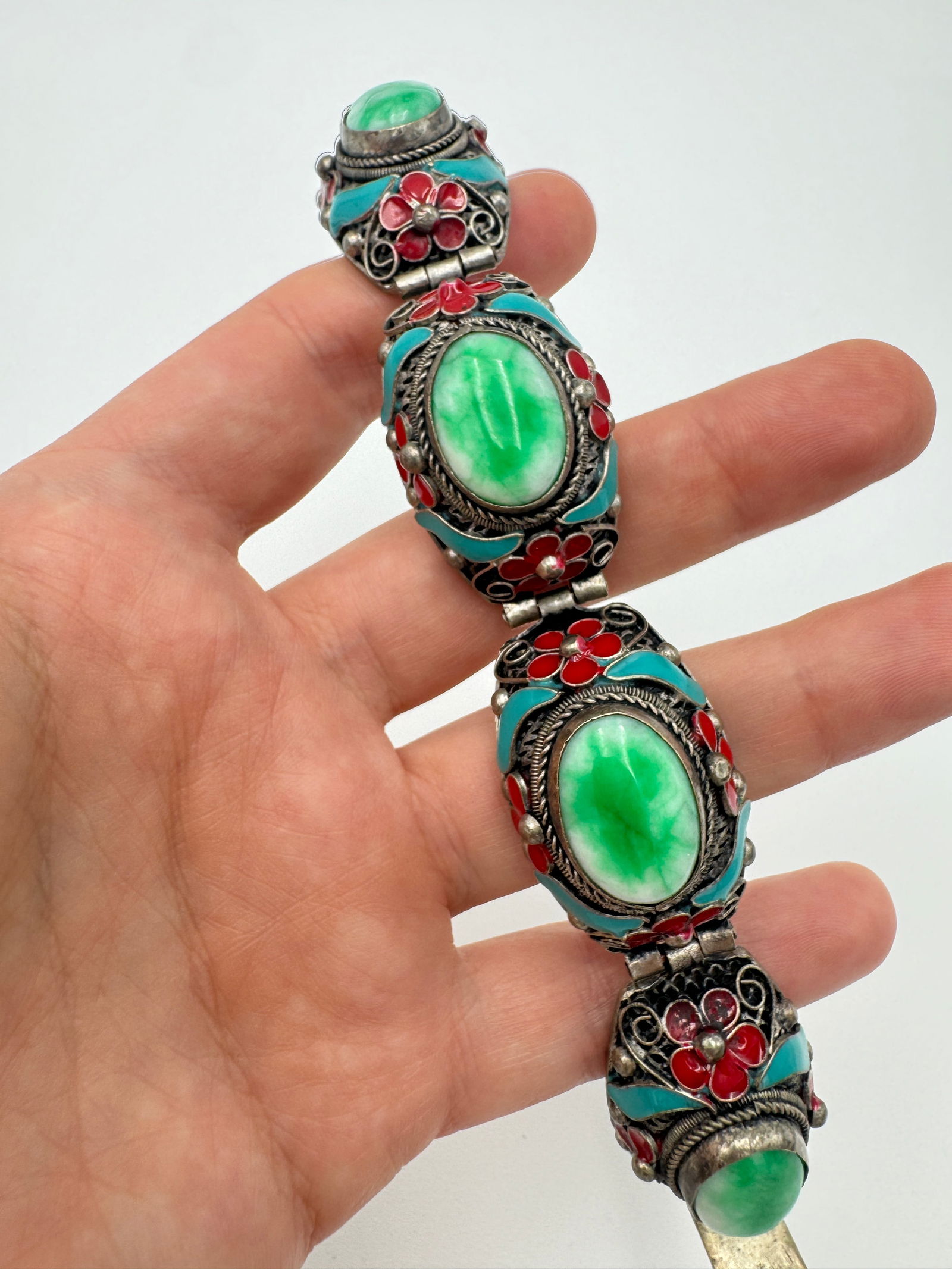 Rare Chinese Vintage Tibetan Silver Cloisonné Handwork Inlaid  Bracelet 8” long (1 of 5)
