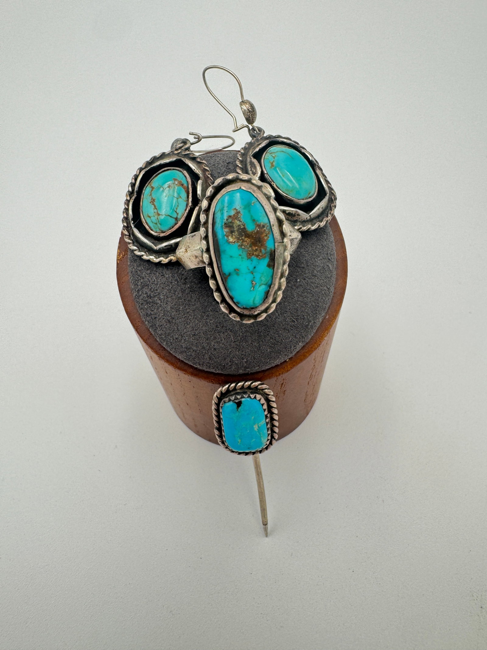 Vintage Sterling native turquoise ring, earrings and stick pin (1 of 4)