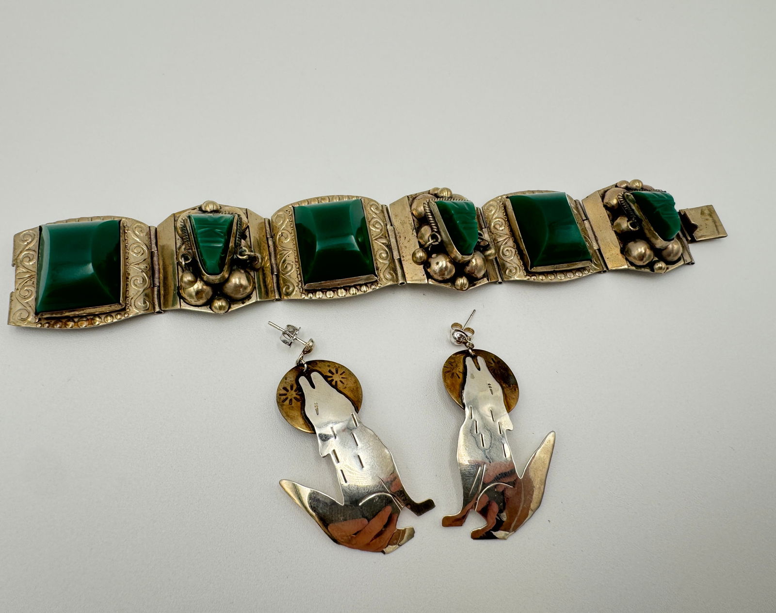 Sterling silver wolf earrings and Vintage 1950"s Alpaca Hecho en Mexico Taxco Green Gemstone brac (1 of 4)