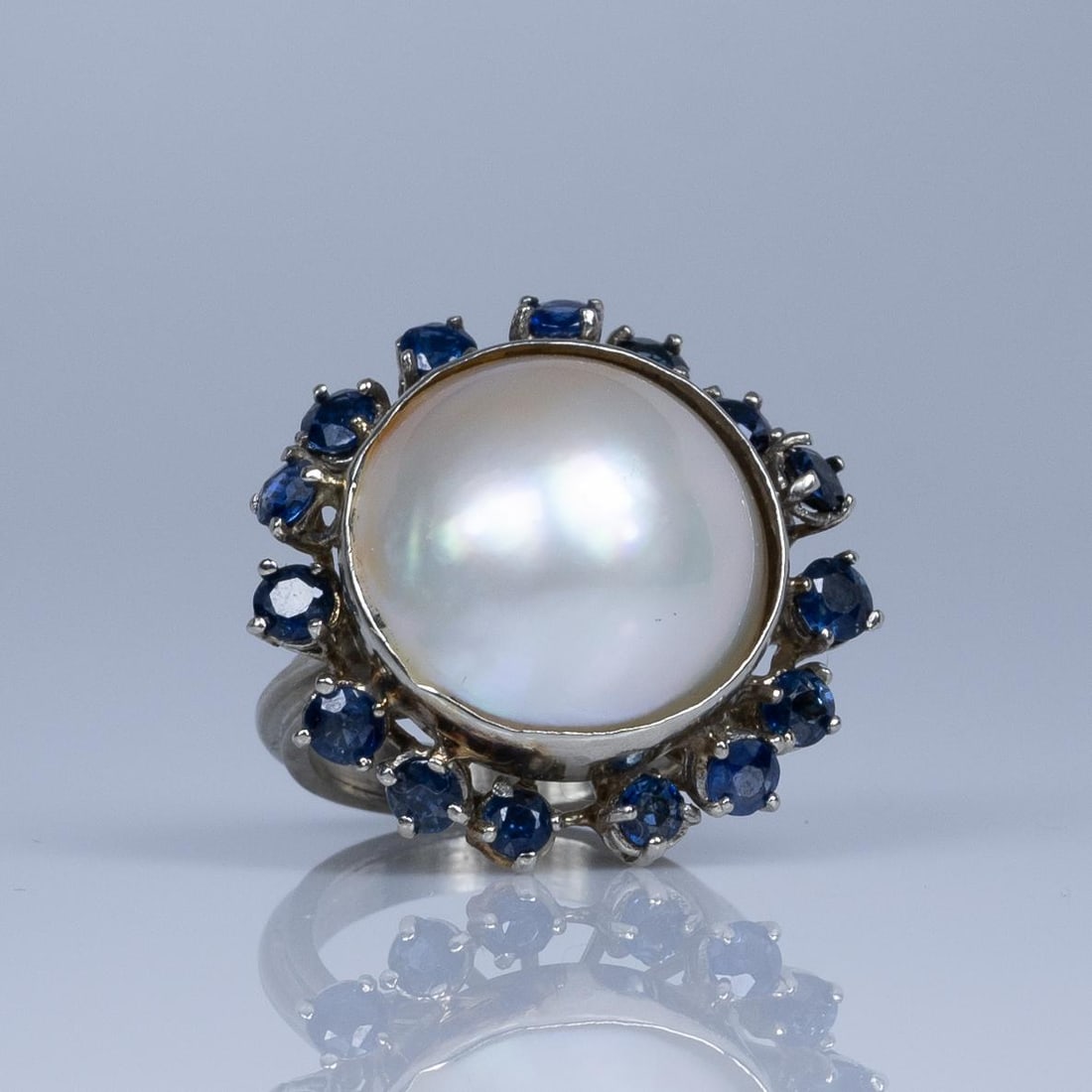 Large Mabe Pearl w Sapphires 14K White Gold Cocktail Ring (1 of 6)