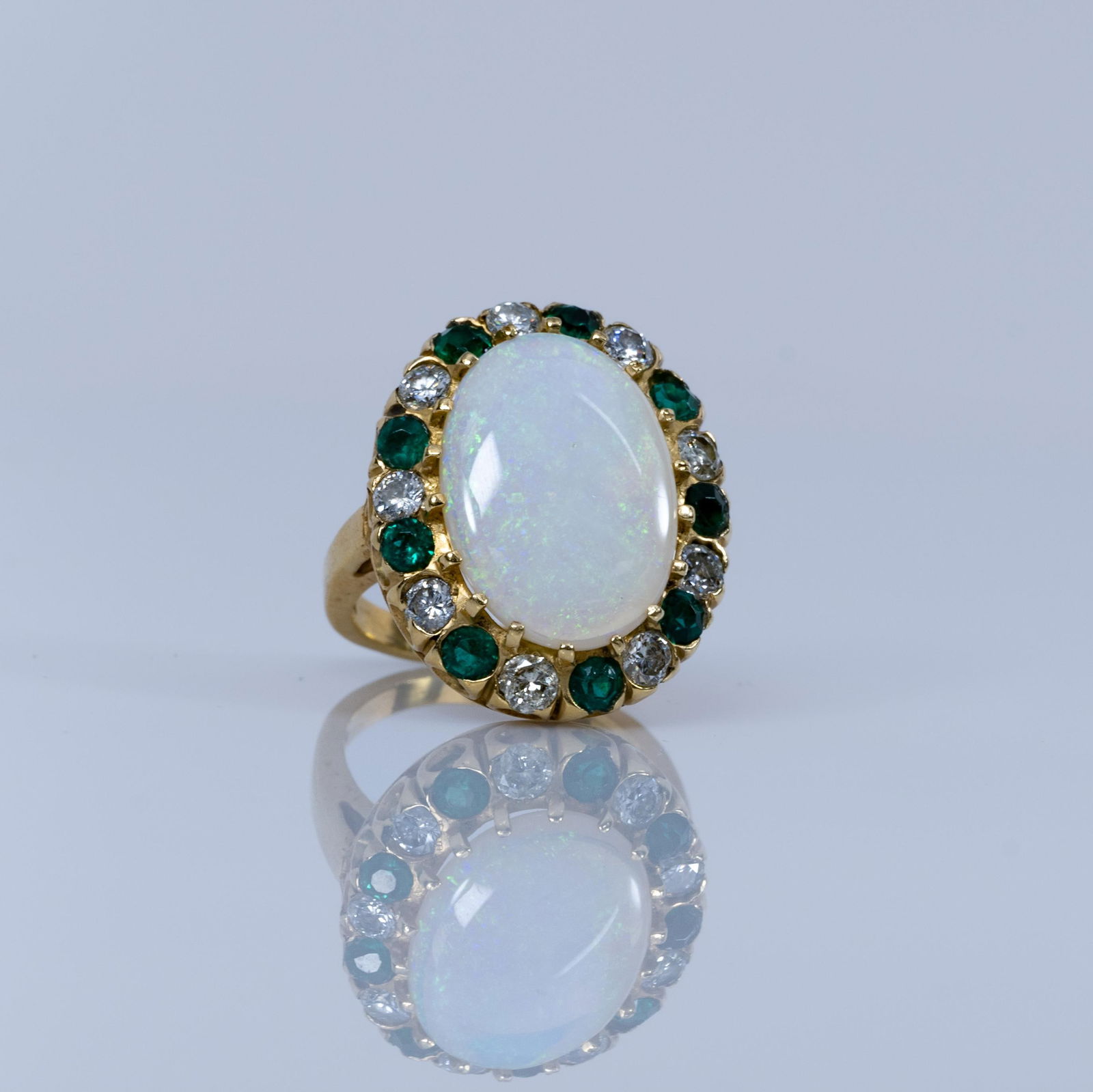 Vintage 7.3ctw Opal Cocktail Ring w Alternating Diamond & Emerald Halo 14K Gold (1 of 6)